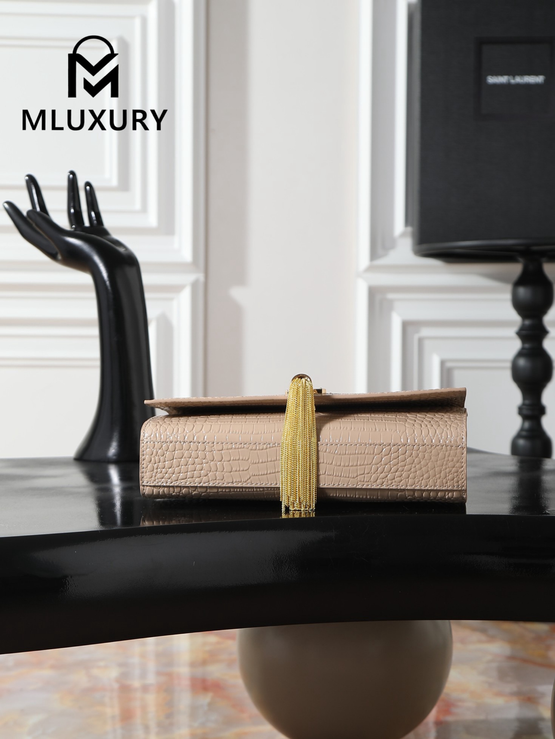 YSL KATE Apricot Crocodile-Embroidered Gold Buckle Tassel Bag