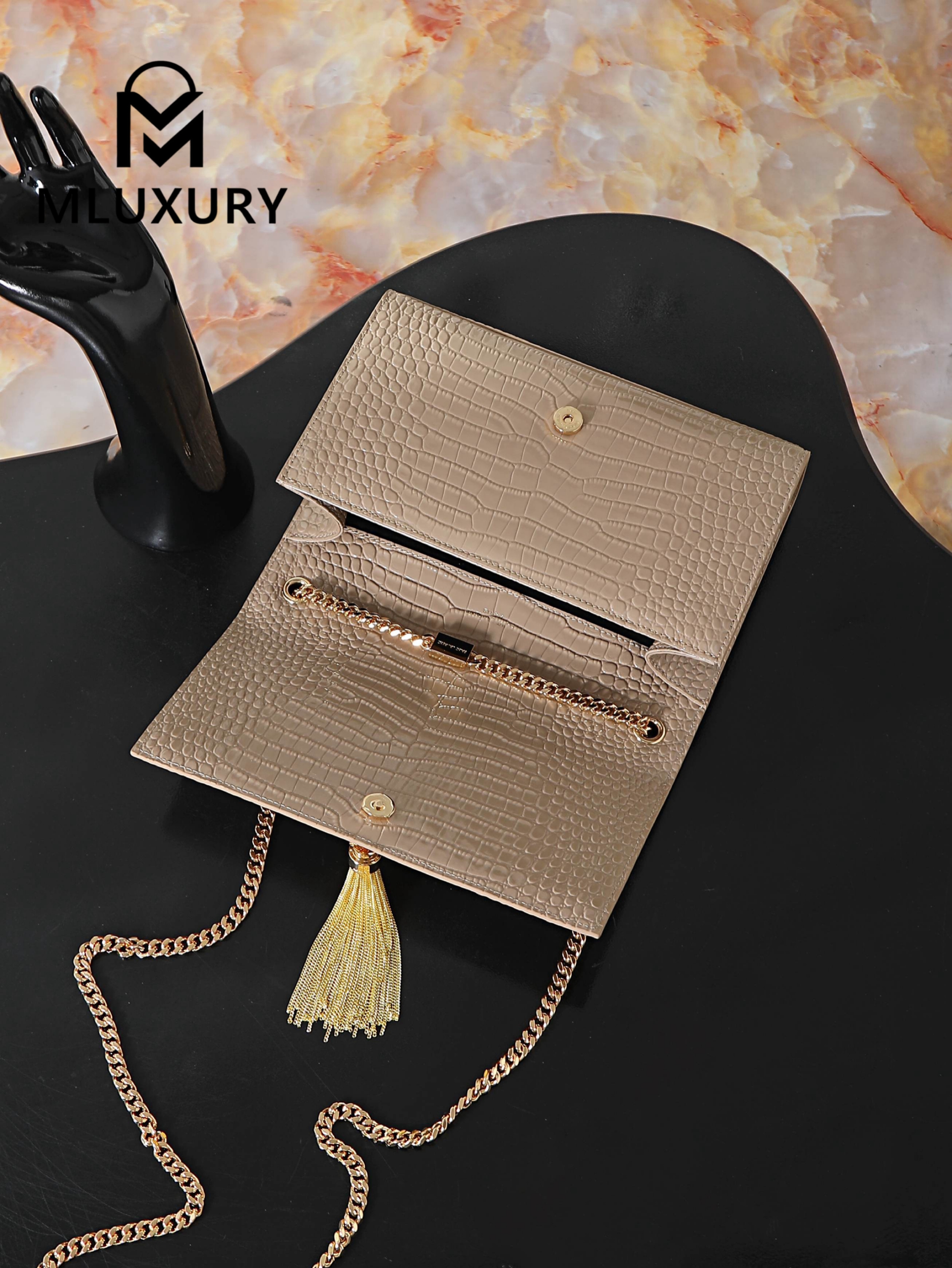 YSL KATE Apricot Crocodile-Embroidered Gold Buckle Tassel Bag