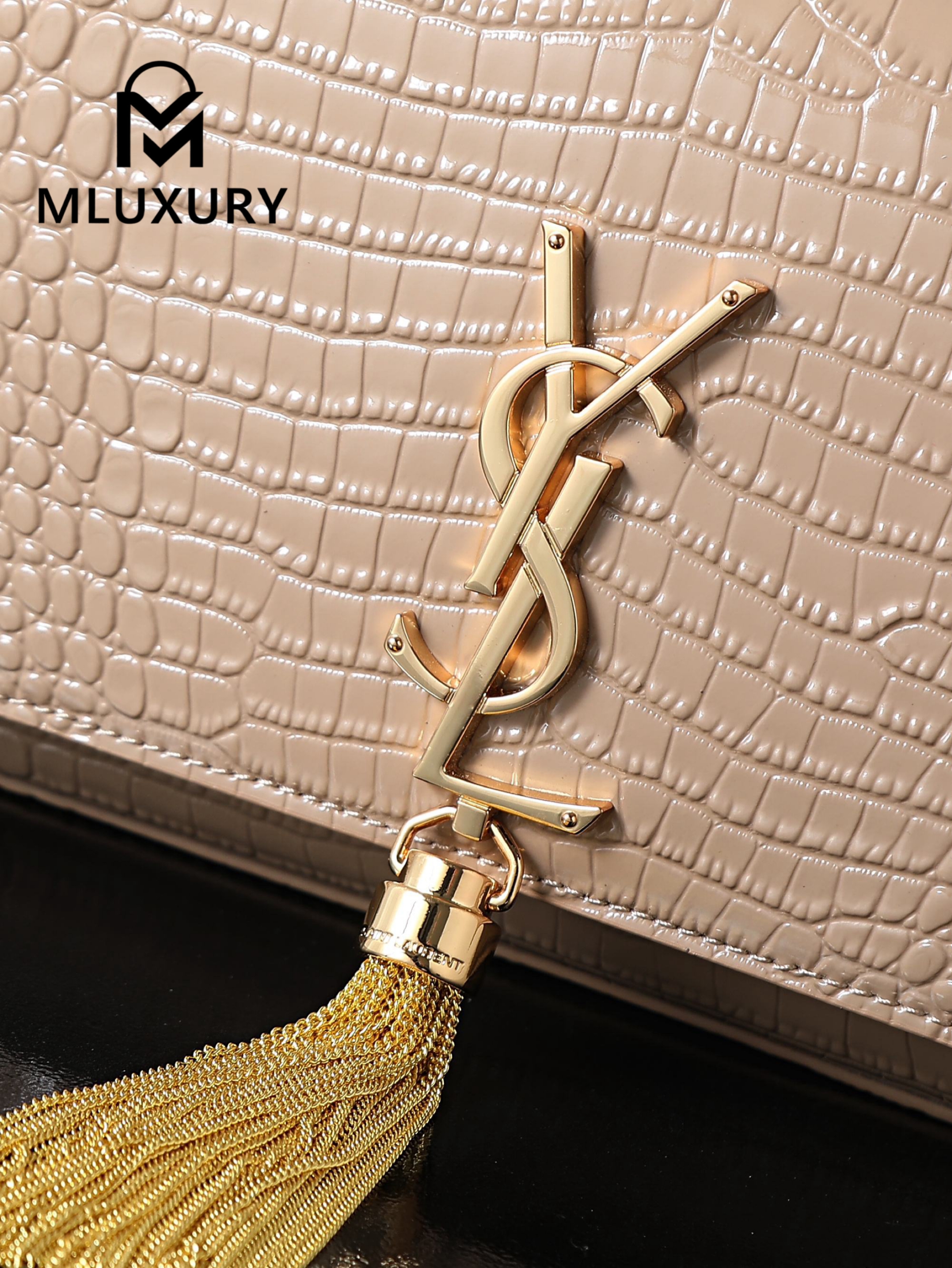 YSL KATE Apricot Crocodile-Embroidered Gold Buckle Tassel Bag
