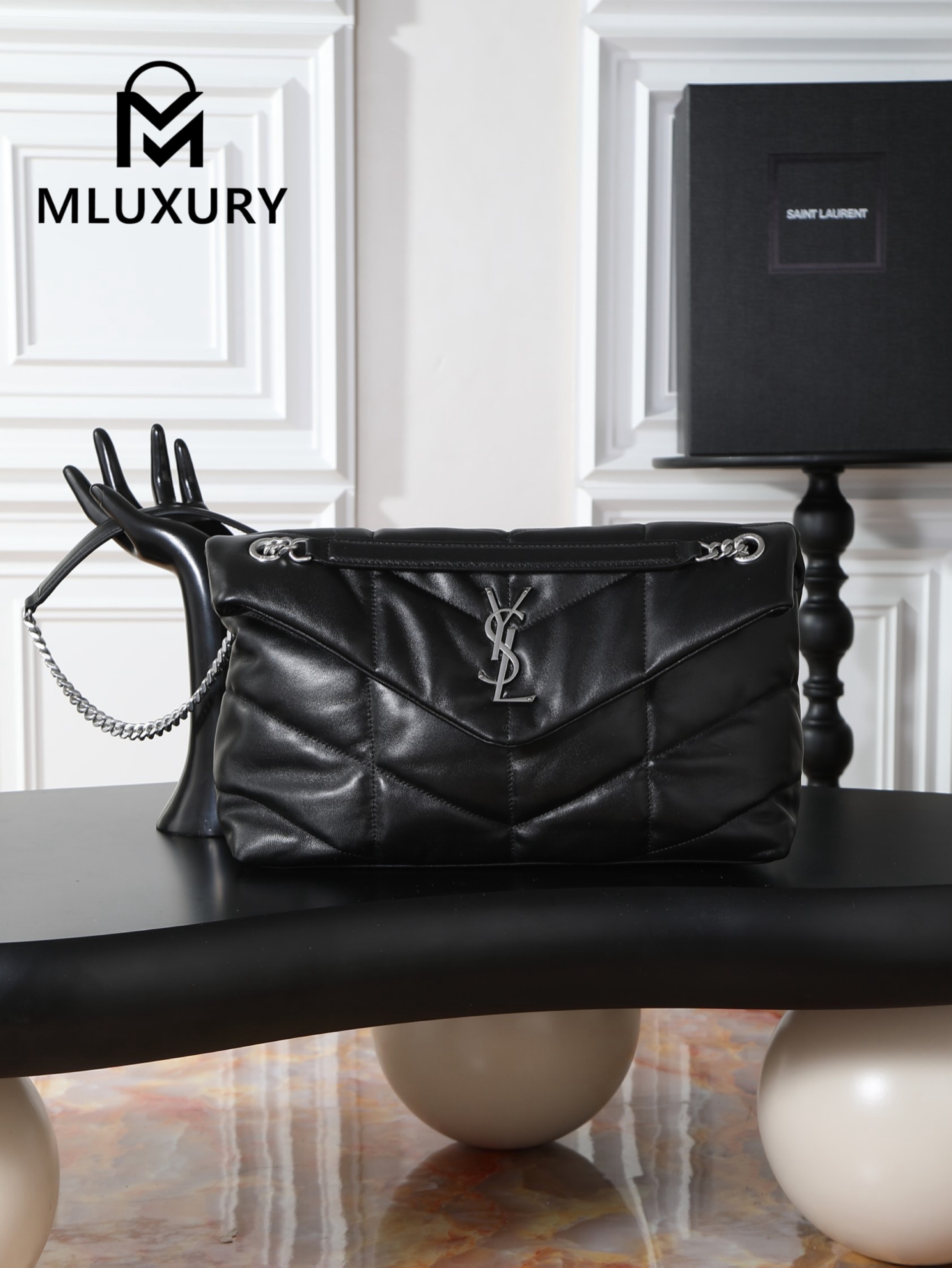 YSL Loulou Puffer_35cm, Black Lambskin with Silver Buckle