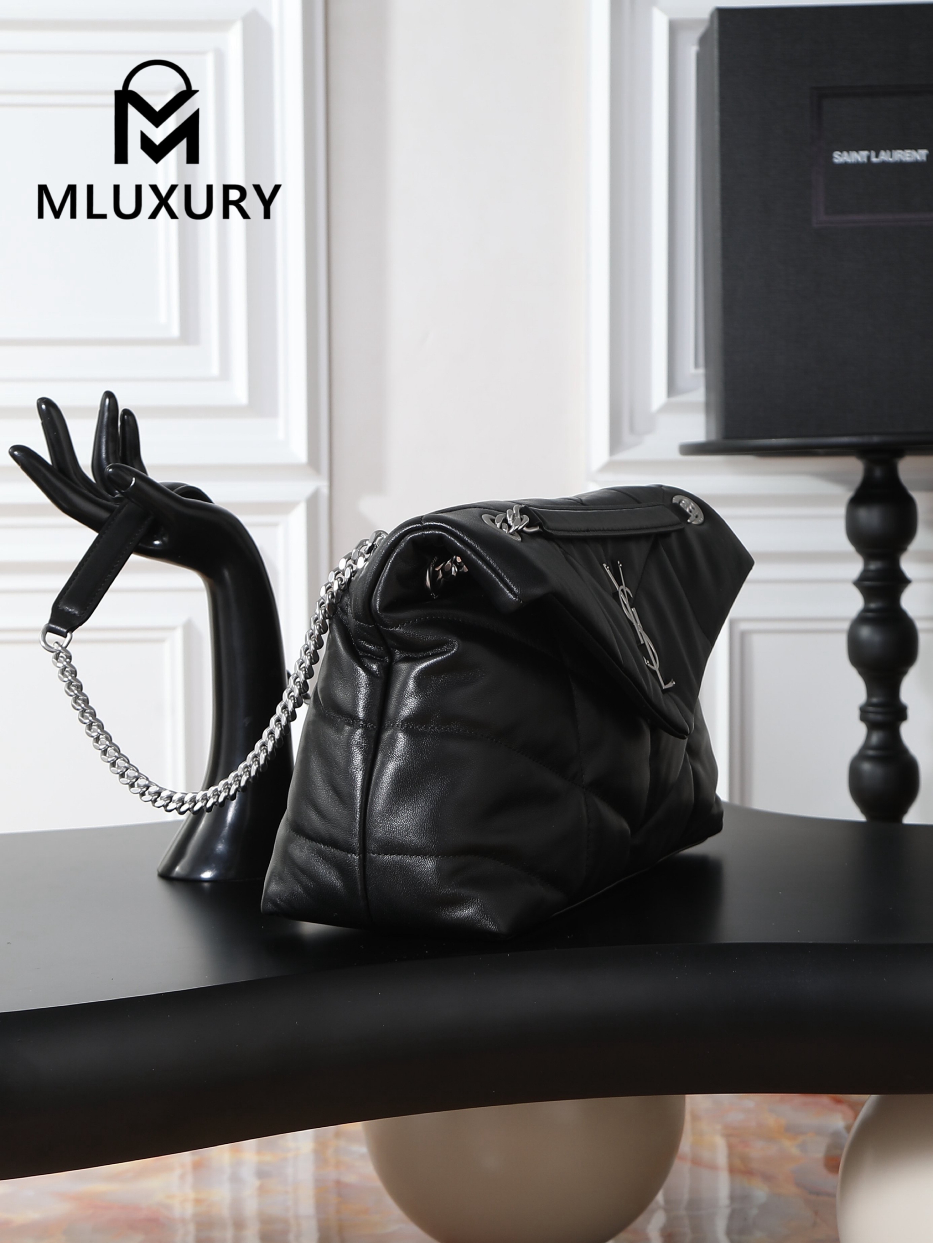 YSL Loulou Puffer_35cm, Black Lambskin with Silver Buckle