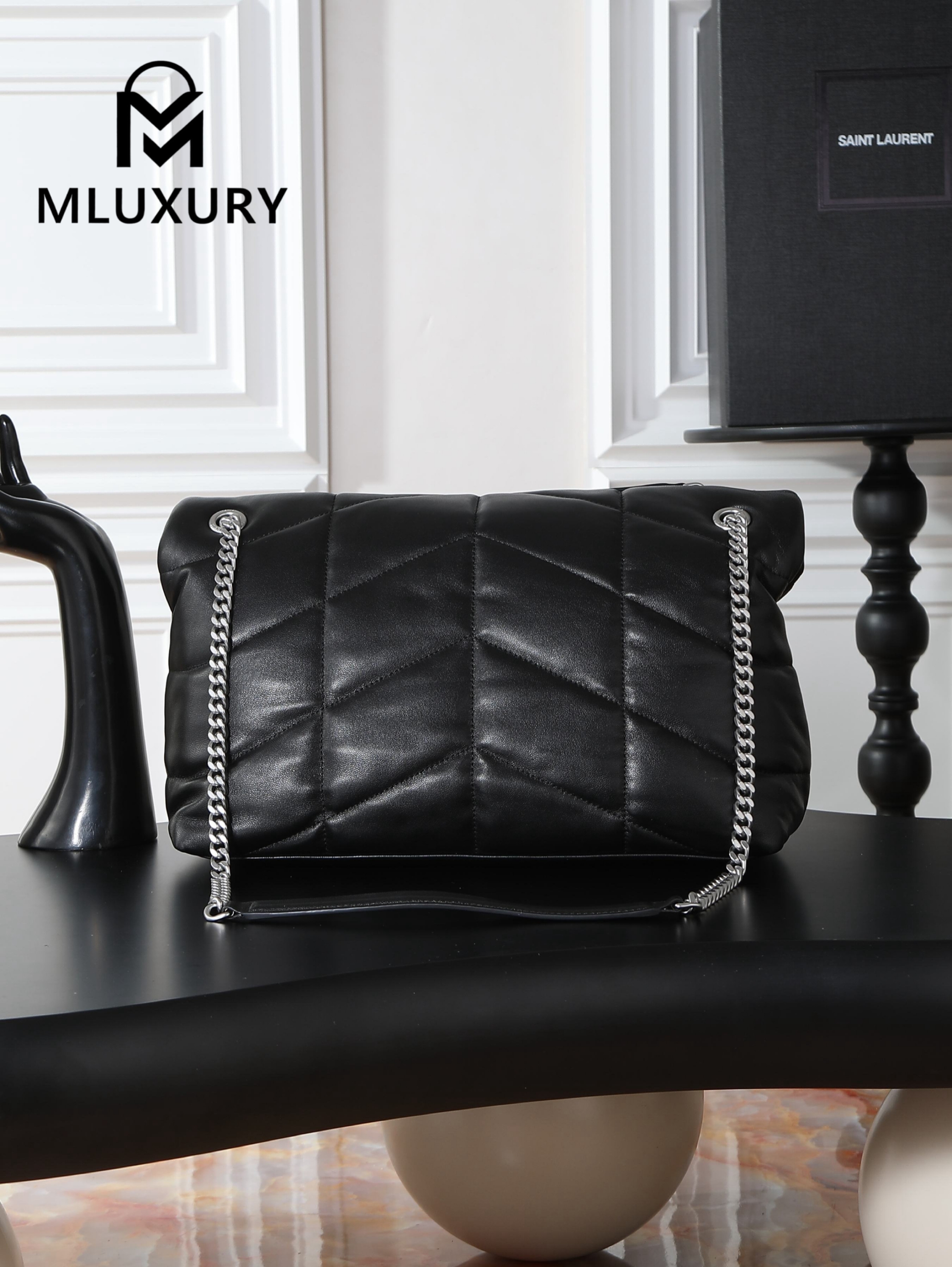 YSL Loulou Puffer_35cm, Black Lambskin with Silver Buckle