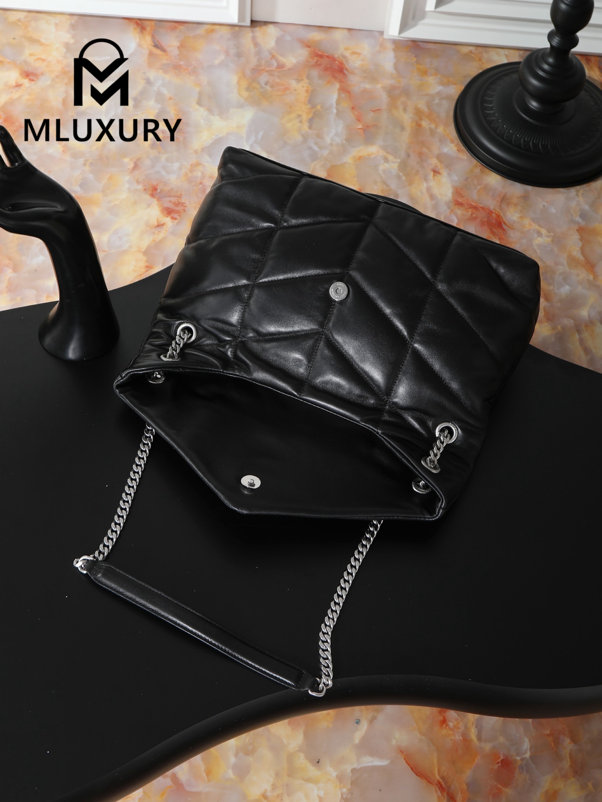YSL Loulou Puffer_35cm, Black Lambskin with Silver Buckle