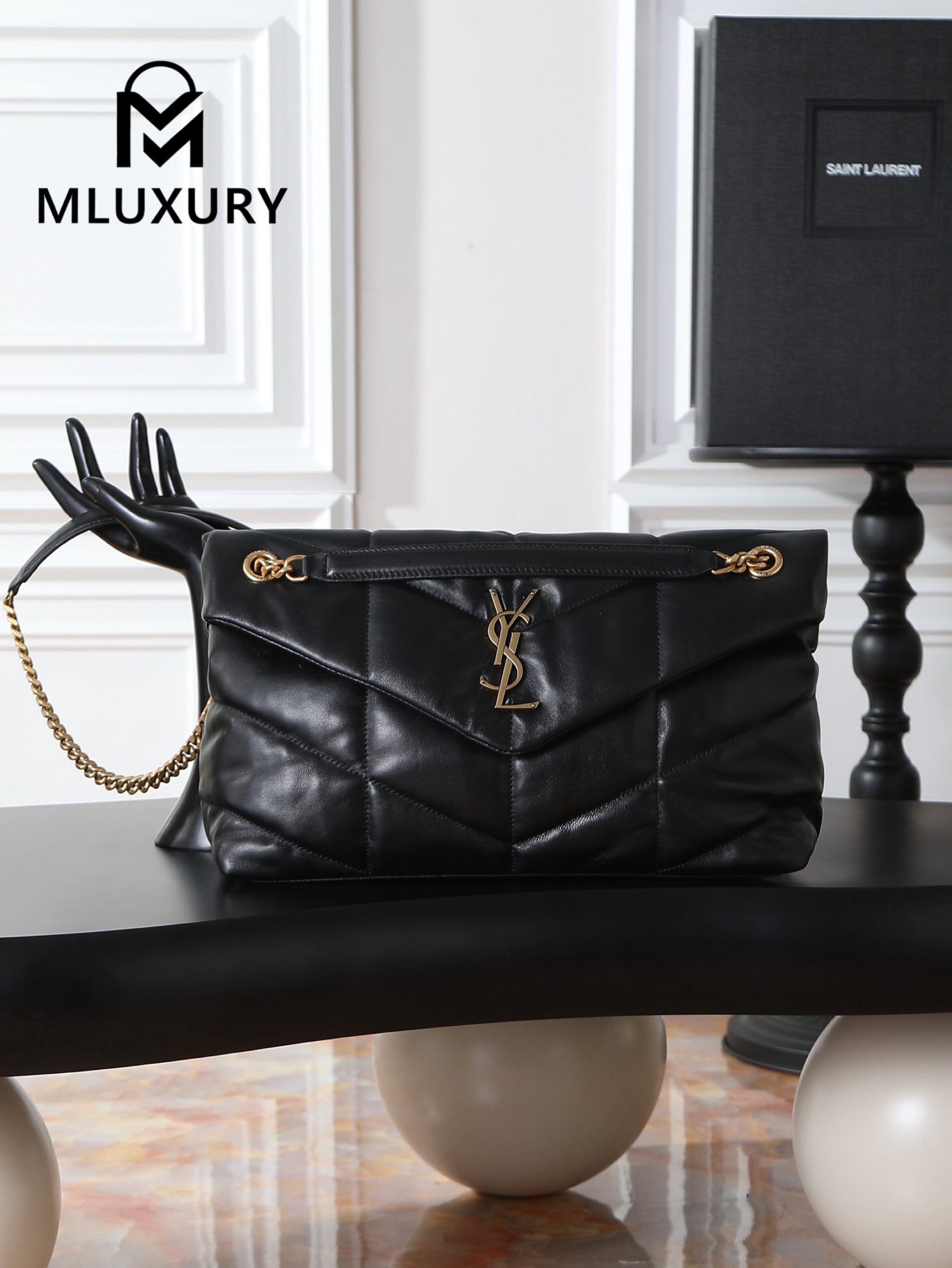 YSL Loulou Puffer_35cm, Black Lambskin with Gold Buckle