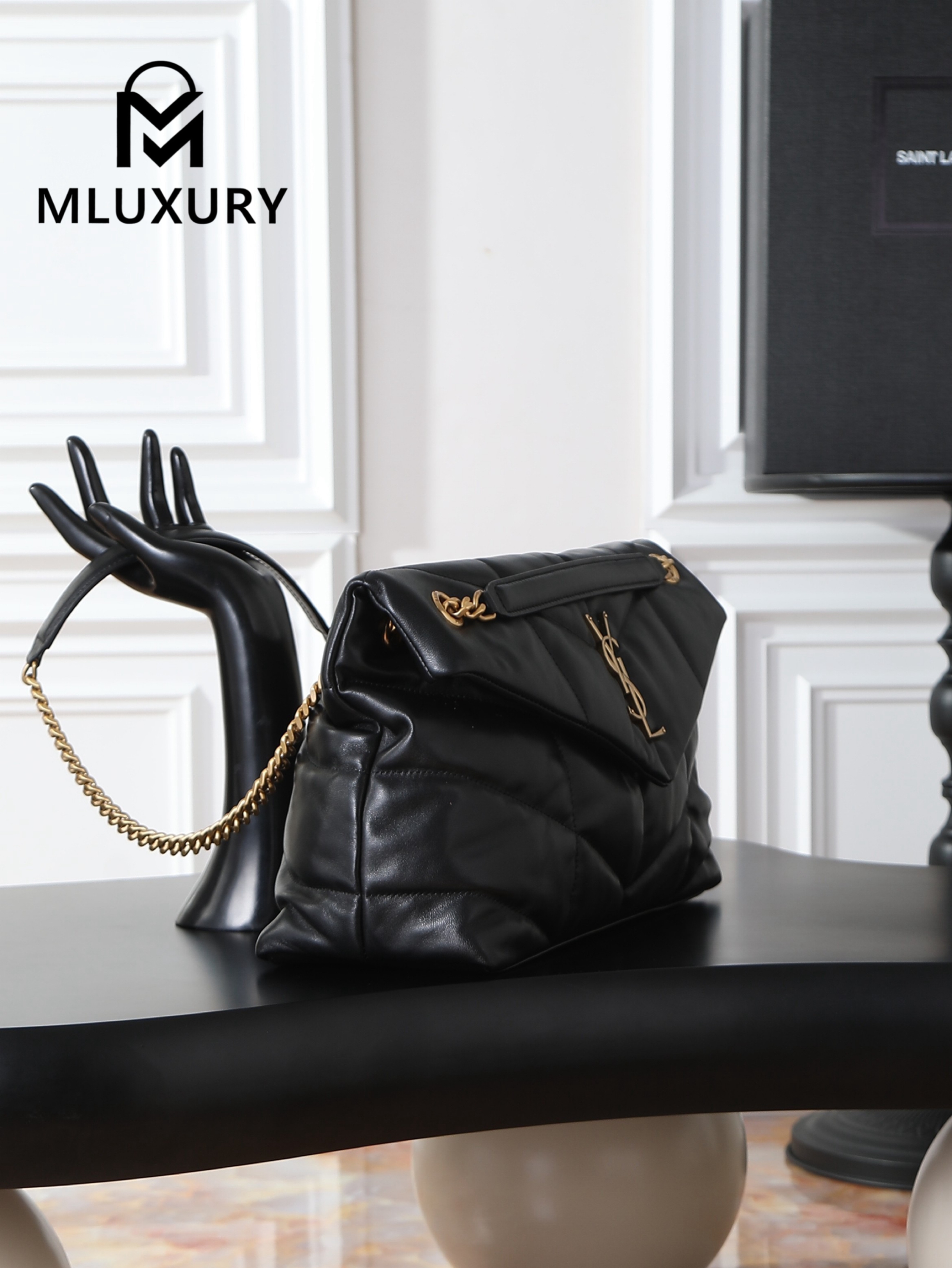 YSL Loulou Puffer_35cm, Black Lambskin with Gold Buckle