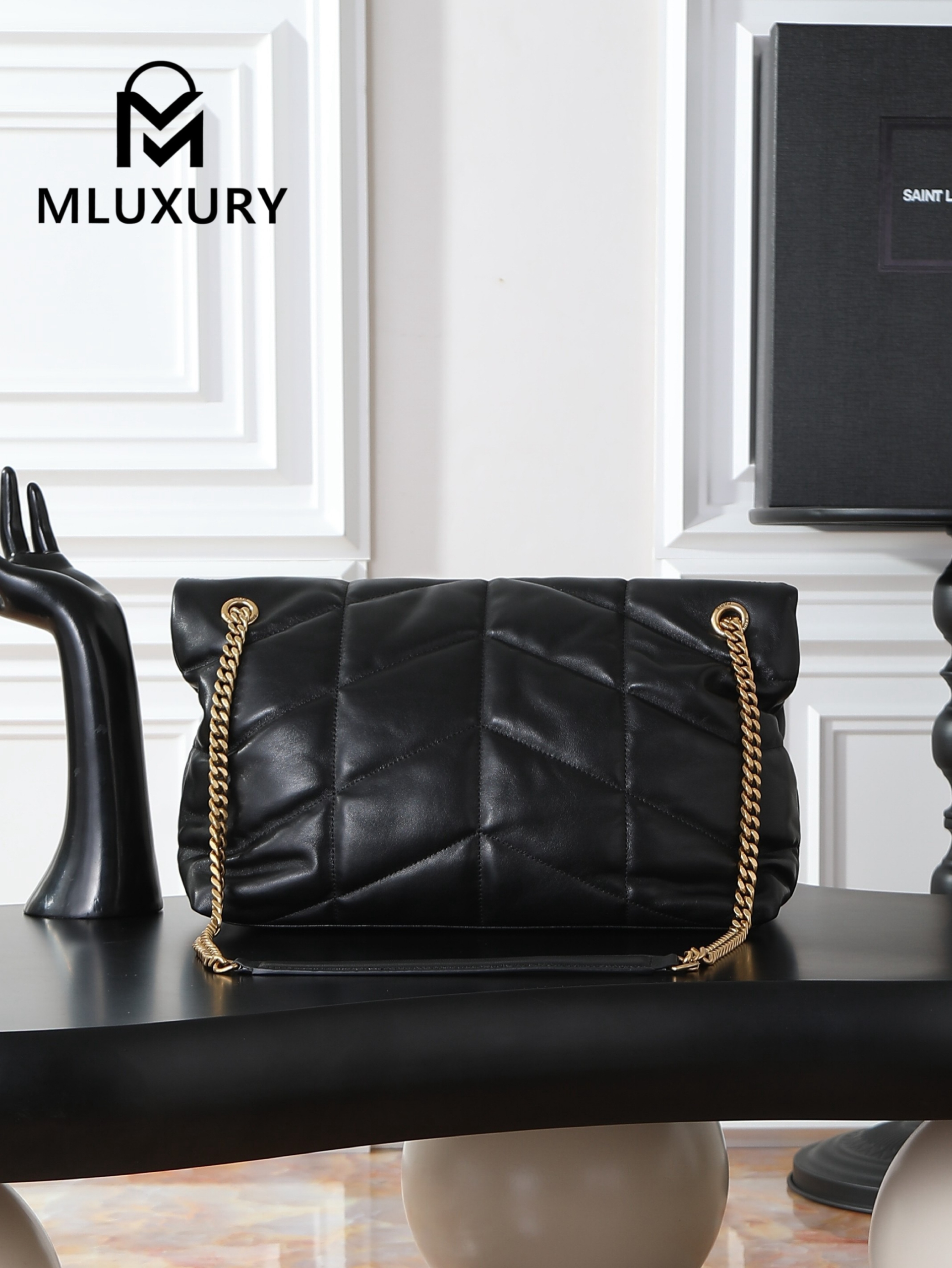 YSL Loulou Puffer_35cm, Black Lambskin with Gold Buckle