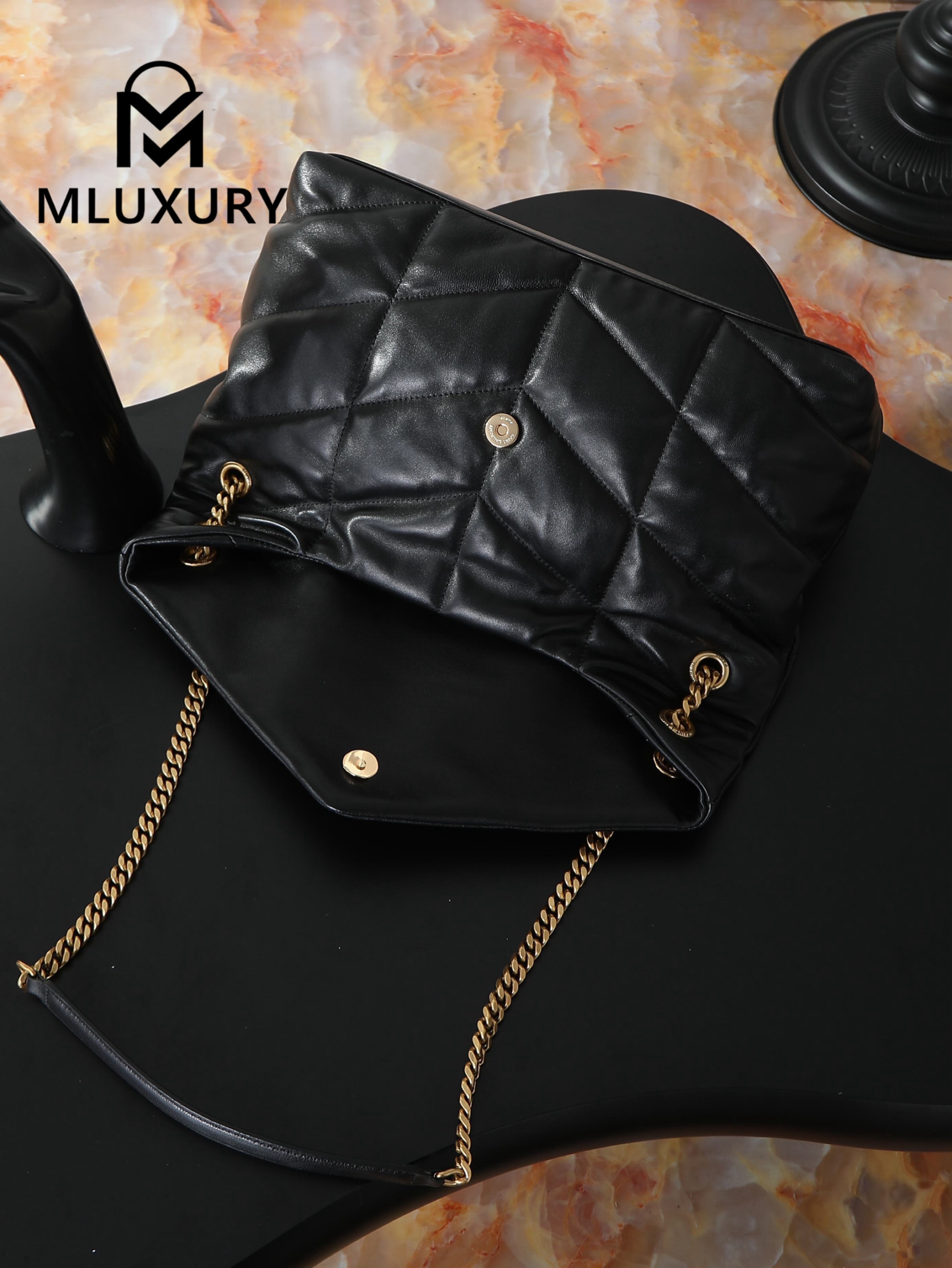 YSL Loulou Puffer_35cm, Black Lambskin with Gold Buckle