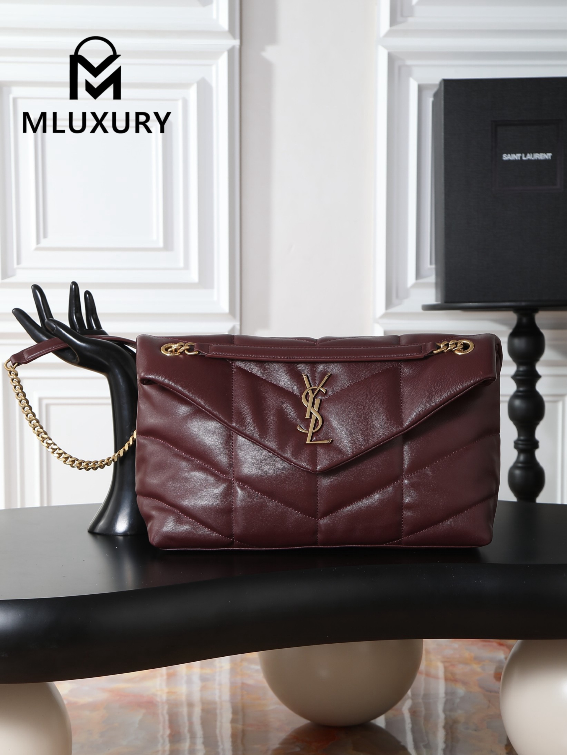 YSL Loulou Puffer_35cm, Burgundy Lambskin with Gold Buckle