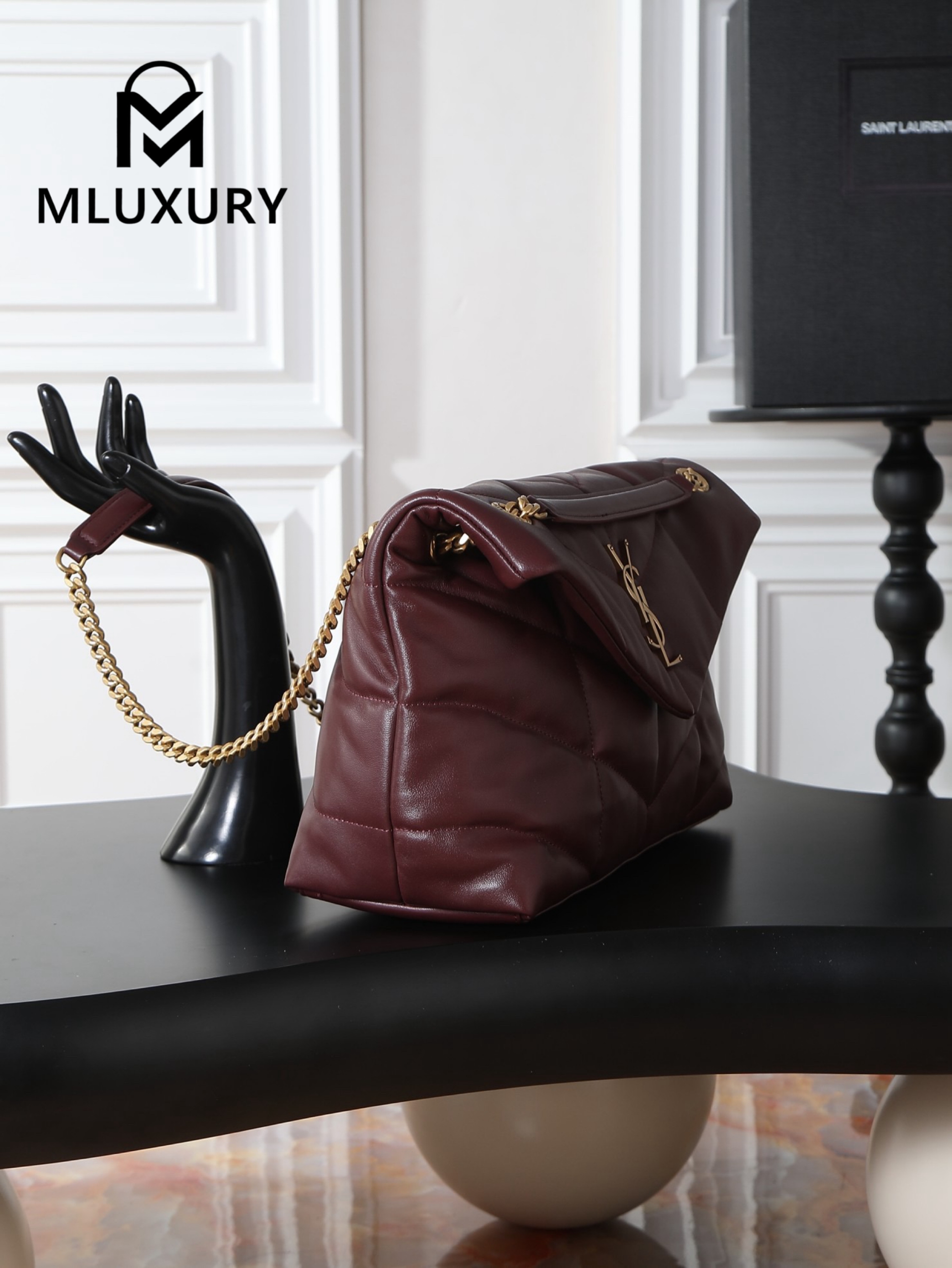 YSL Loulou Puffer_35cm, Burgundy Lambskin with Gold Buckle
