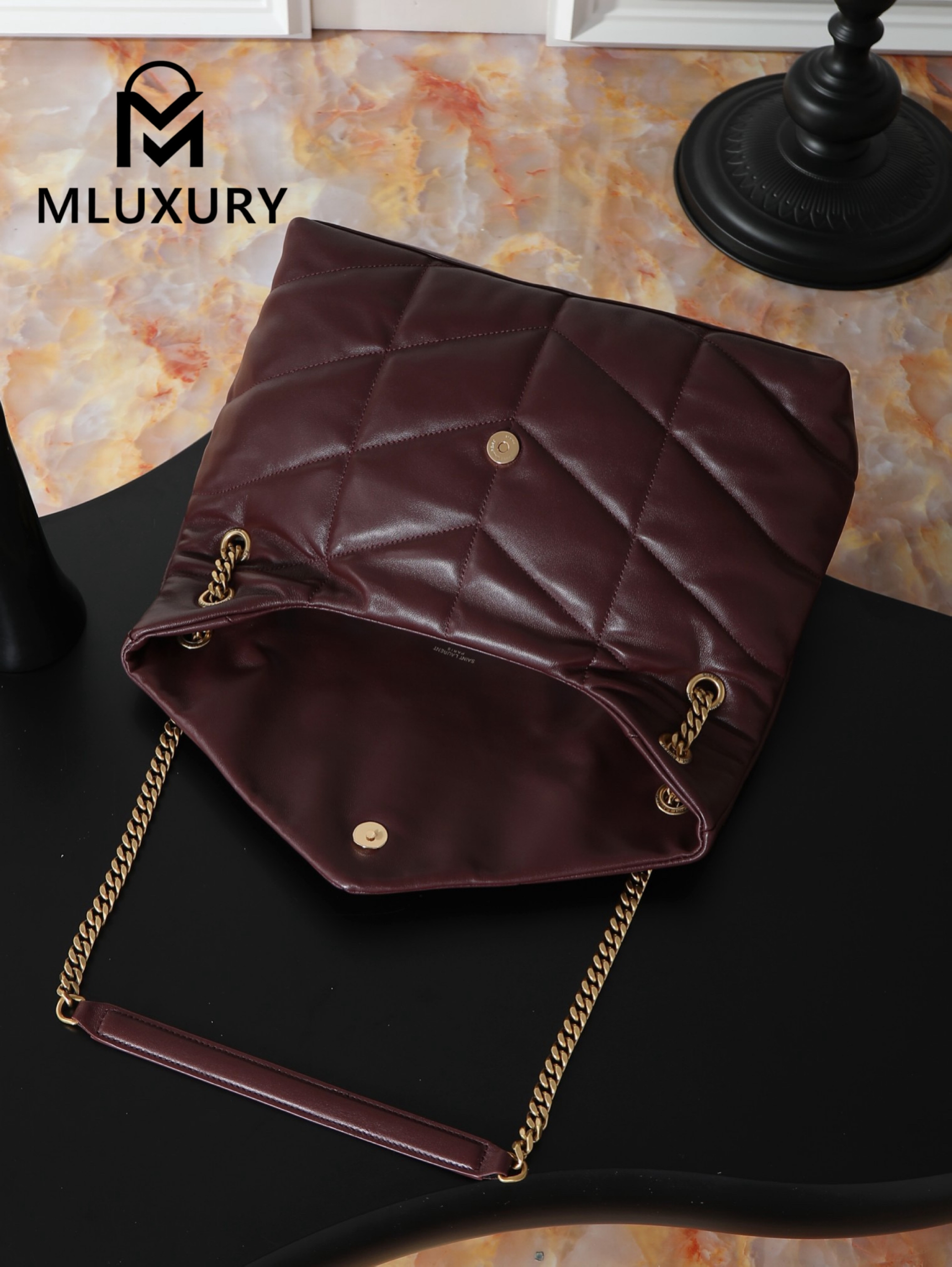 YSL Loulou Puffer_35cm, Burgundy Lambskin with Gold Buckle