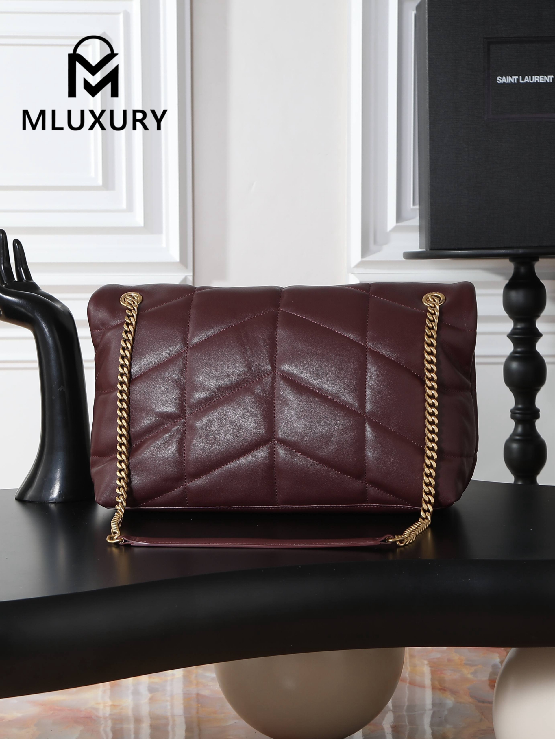 YSL Loulou Puffer_35cm, Burgundy Lambskin with Gold Buckle