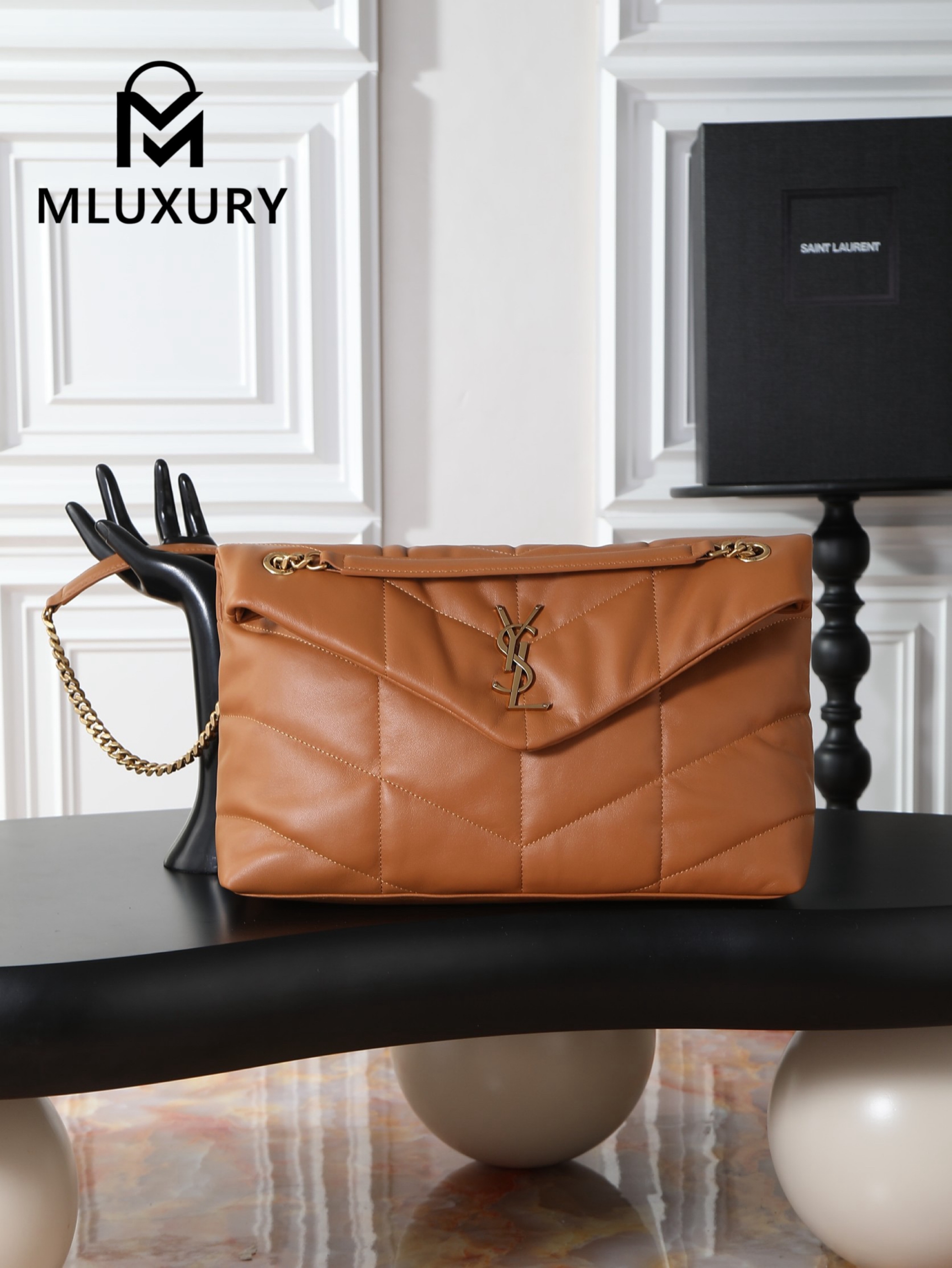 YSL Loulou Puffer_35cm, Tan Lambskin with Gold Buckle