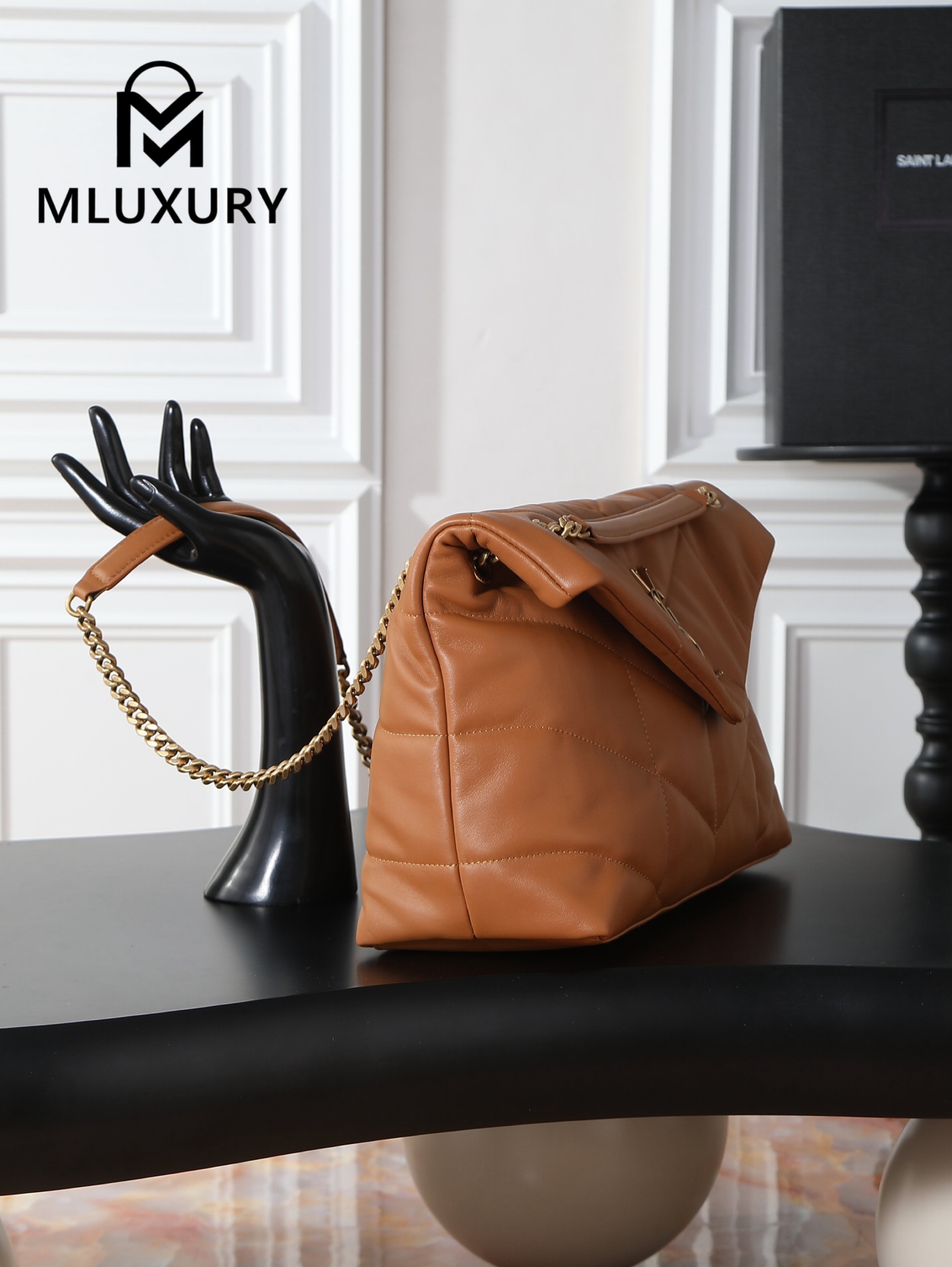 YSL Loulou Puffer_35cm, Tan Lambskin with Gold Buckle