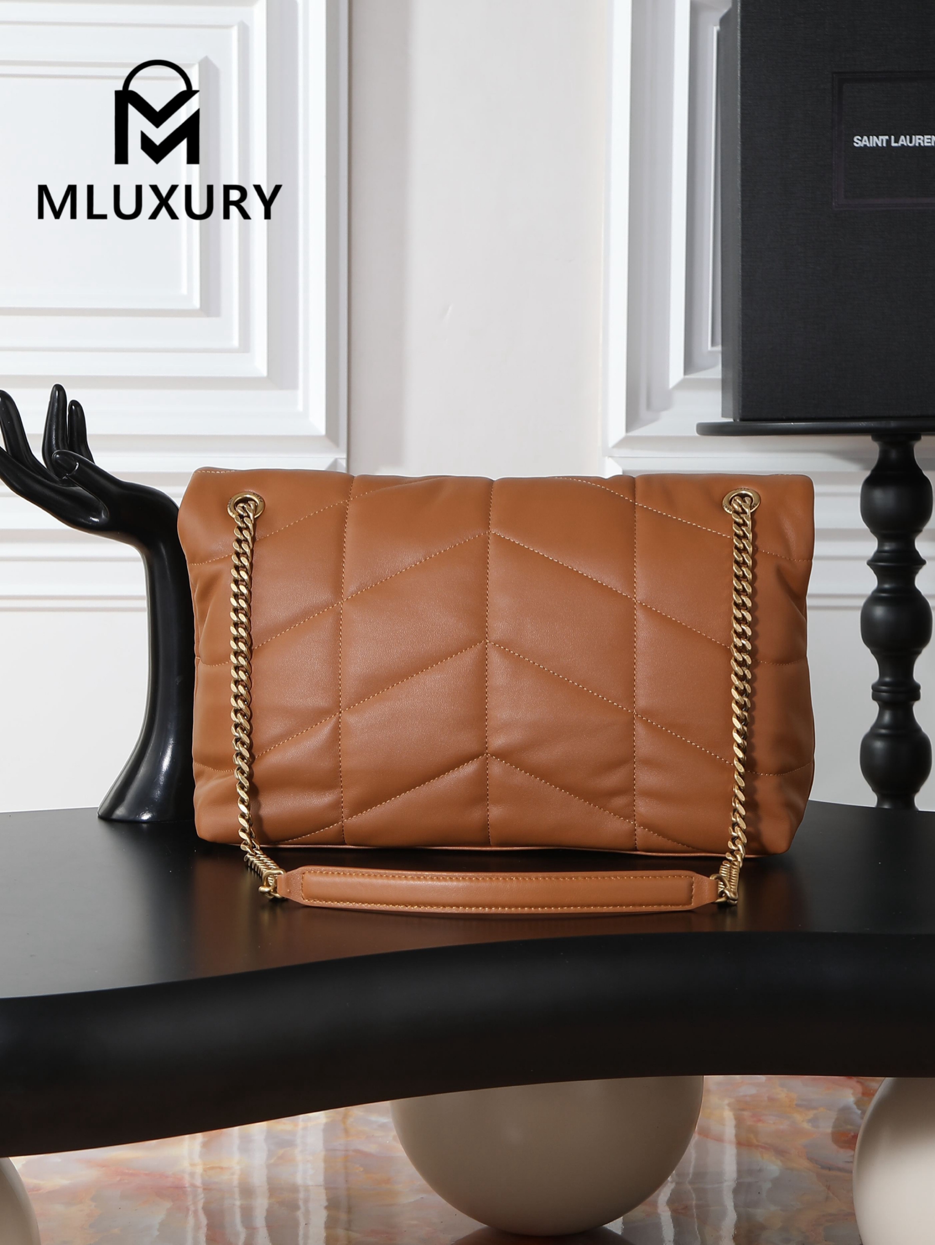 YSL Loulou Puffer_35cm, Tan Lambskin with Gold Buckle