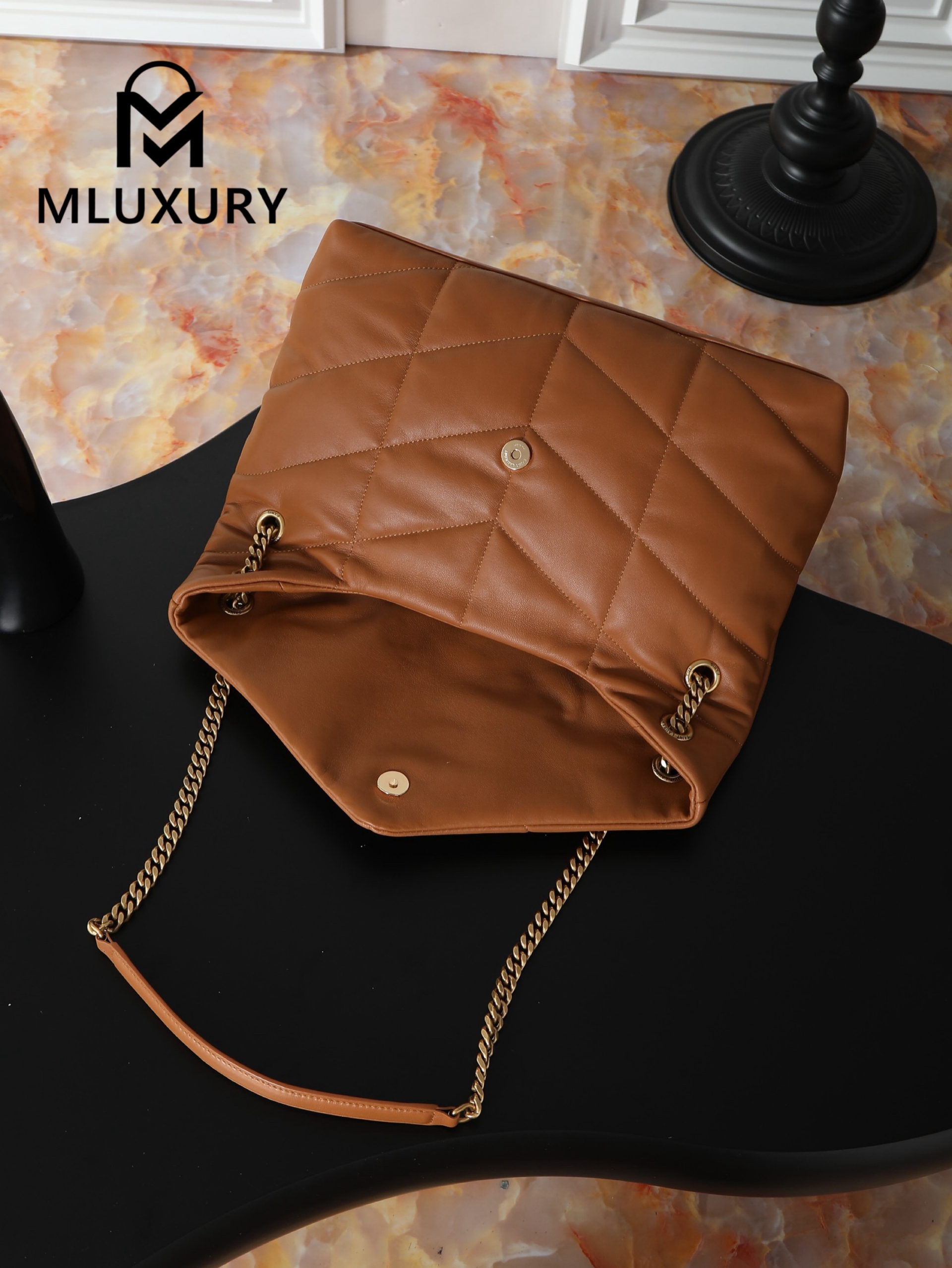YSL Loulou Puffer_35cm, Tan Lambskin with Gold Buckle