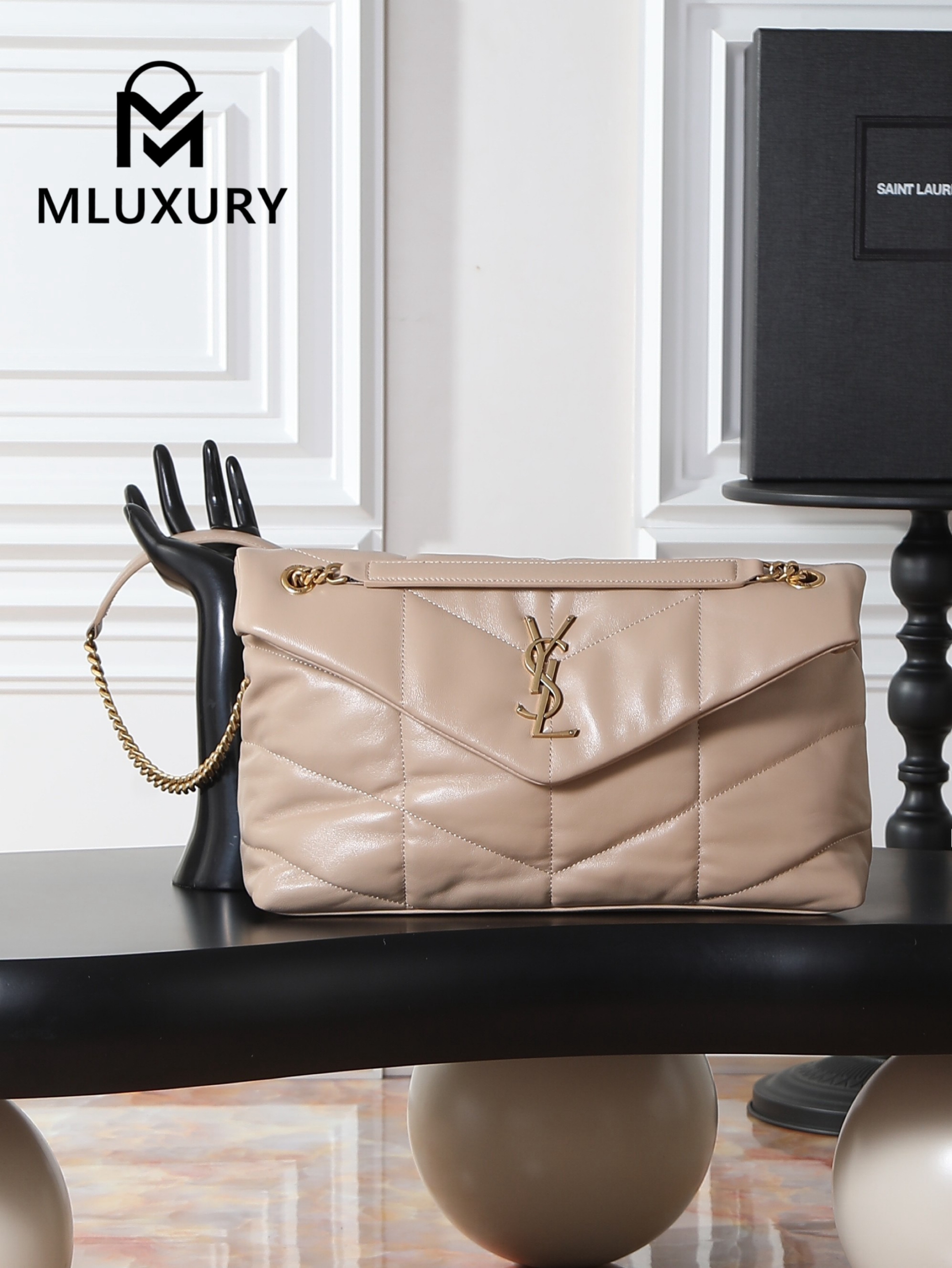 YSL Loulou Puffer_35cm, Apricot Lambskin with Gold Buckle