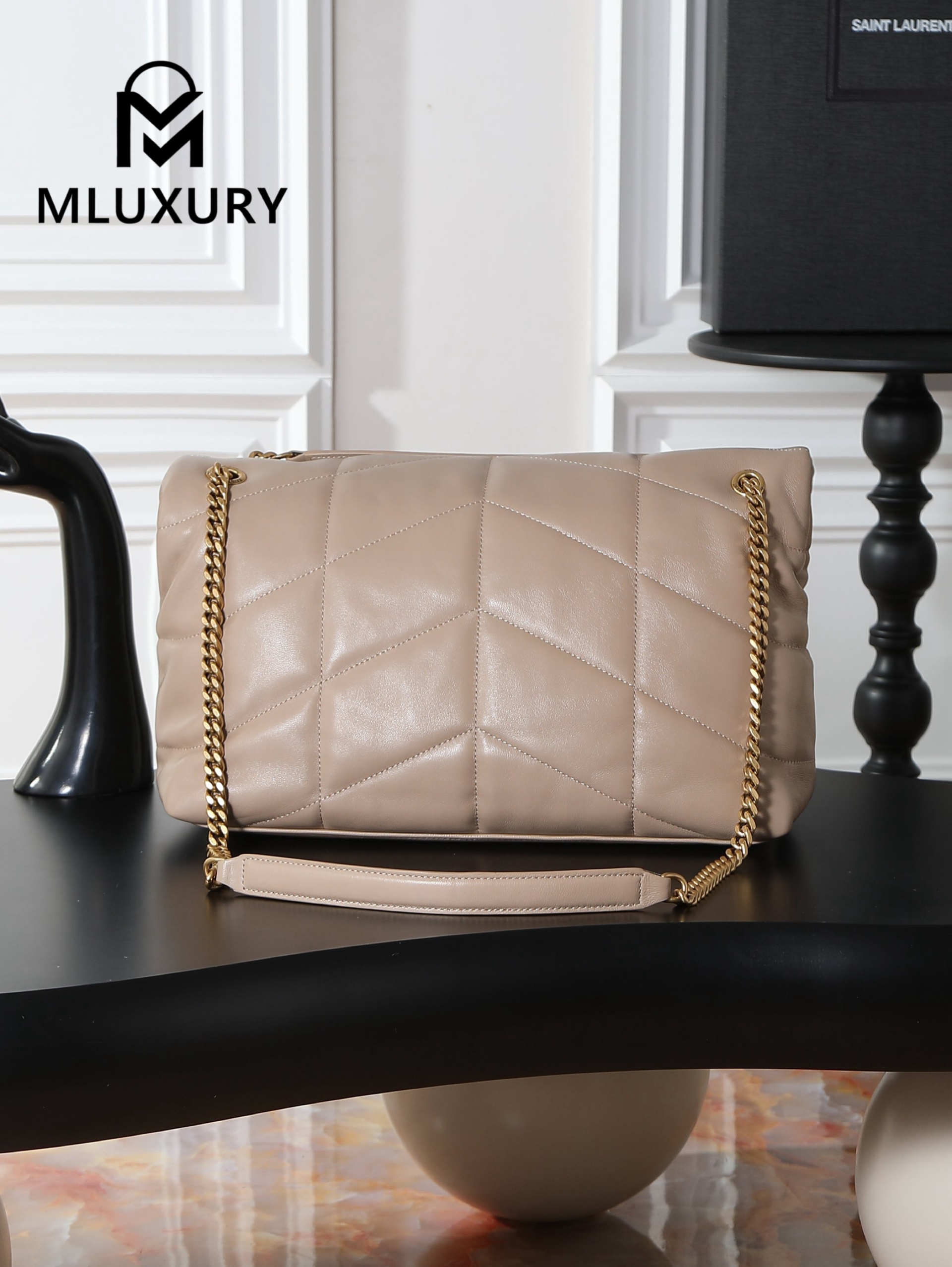 YSL Loulou Puffer_35cm, Apricot Lambskin with Gold Buckle