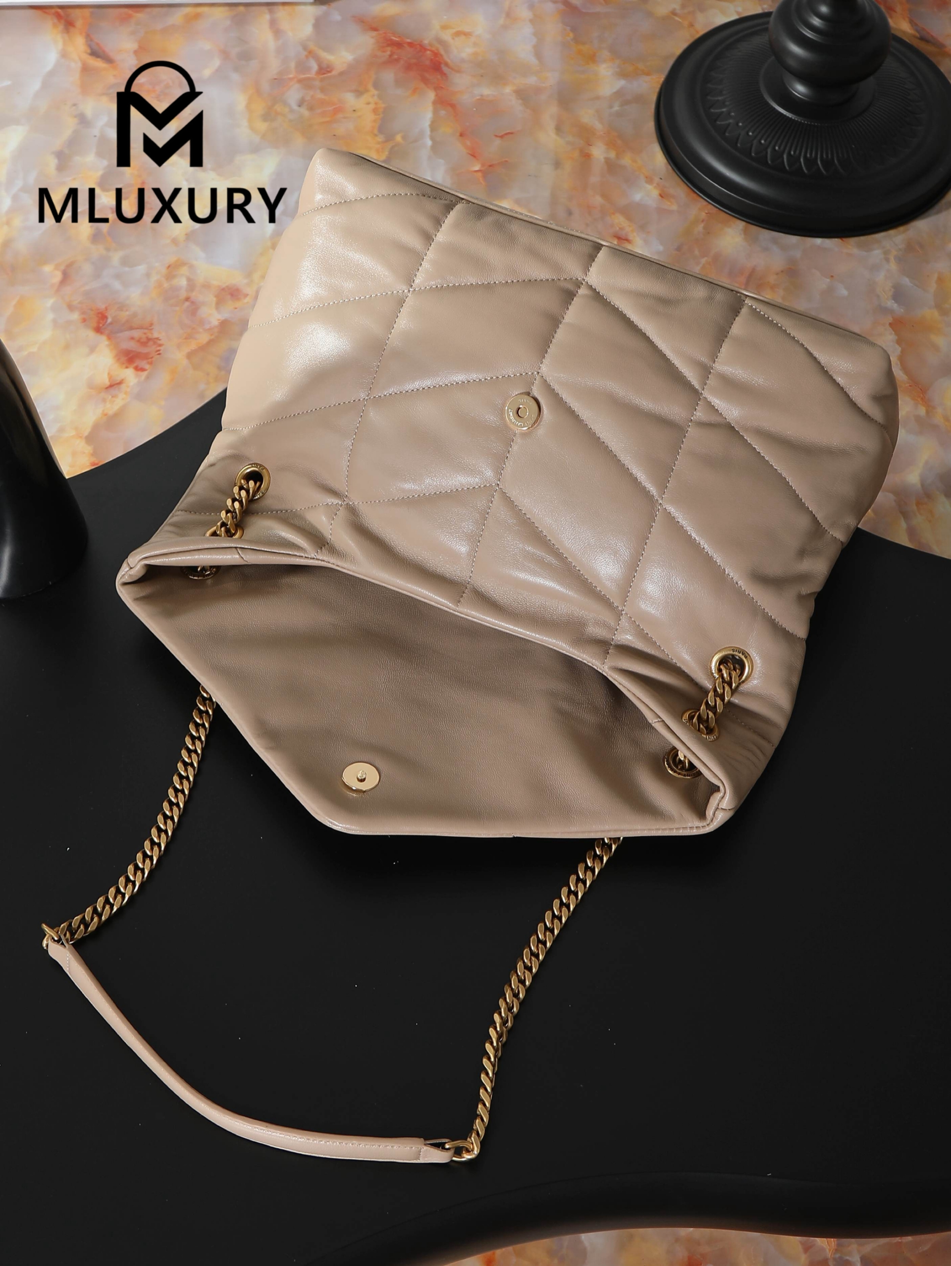 YSL Loulou Puffer_35cm, Apricot Lambskin with Gold Buckle
