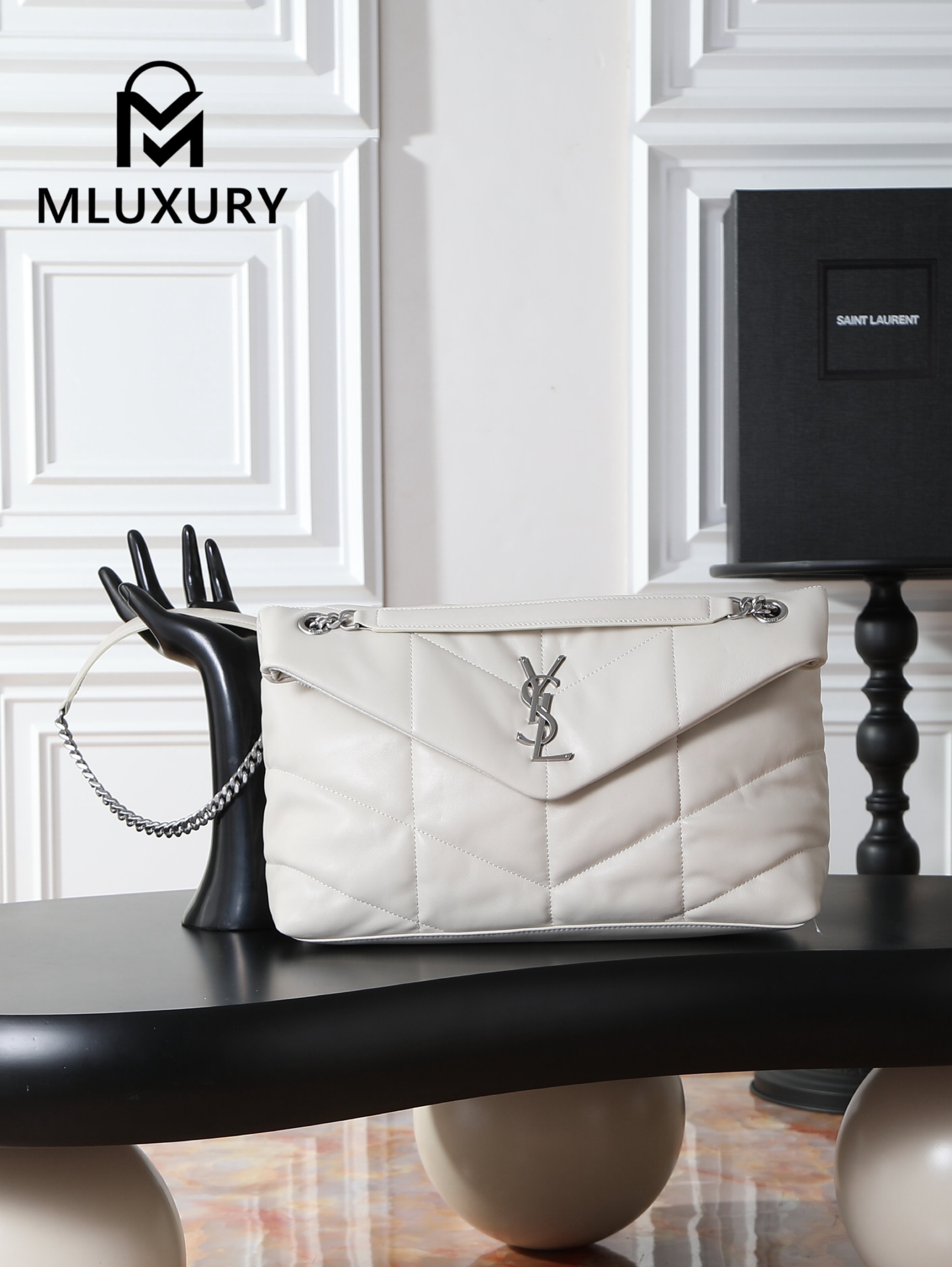 YSL Loulou Puffer_35cm, White Lambskin with Silver Buckle