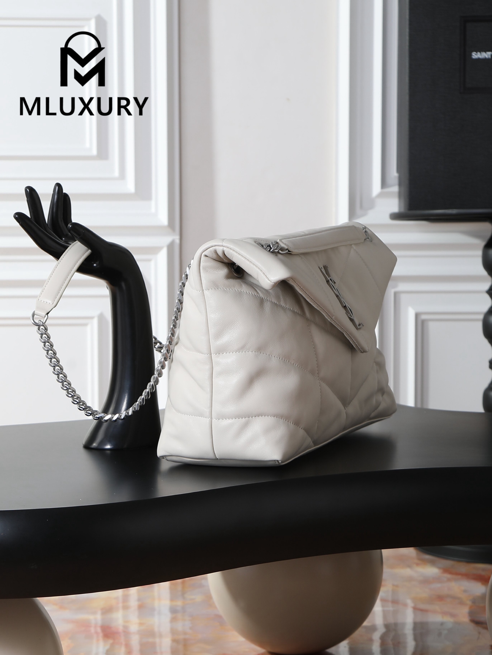 YSL Loulou Puffer_35cm, White Lambskin with Silver Buckle
