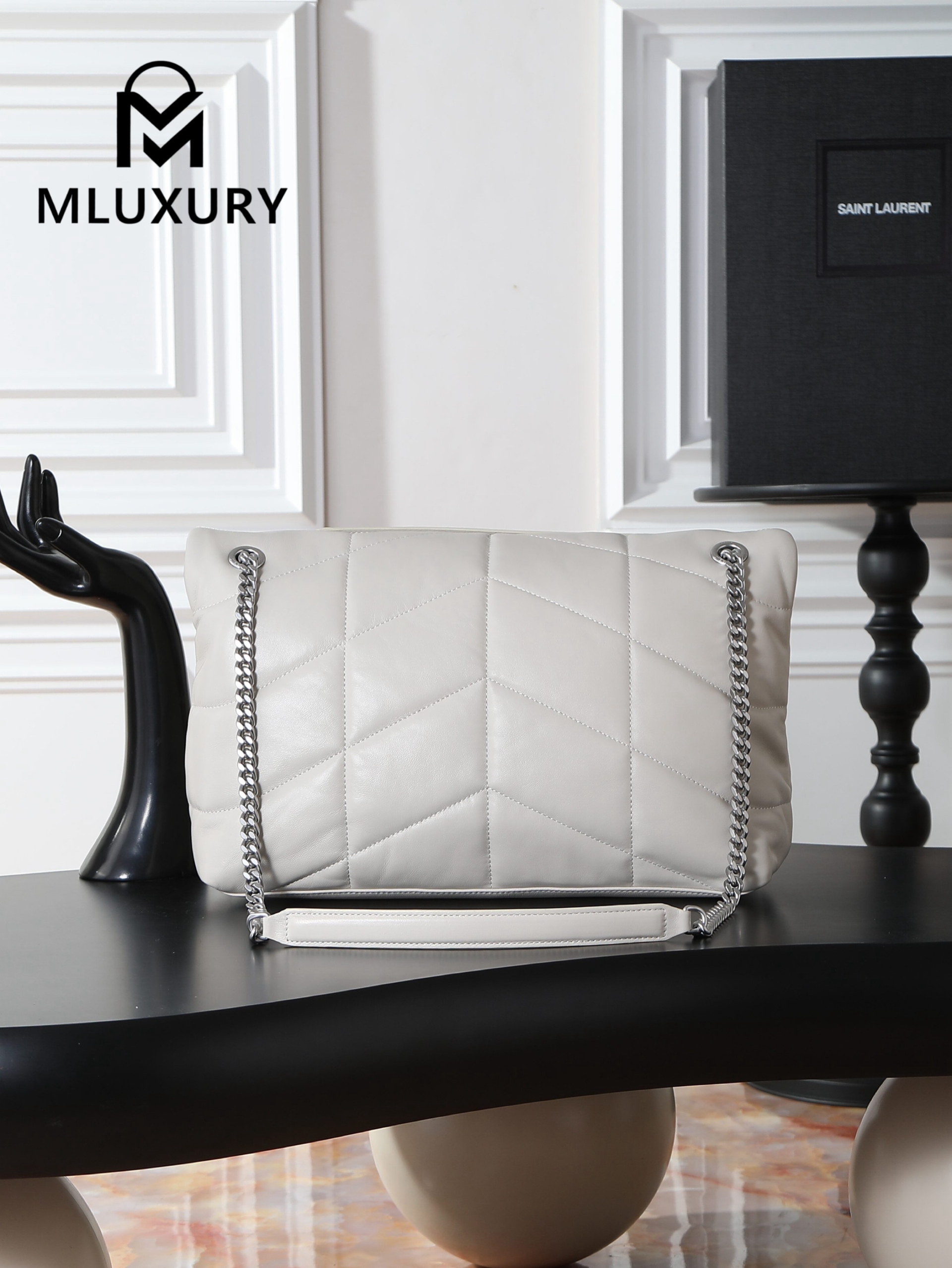 YSL Loulou Puffer_35cm, White Lambskin with Silver Buckle