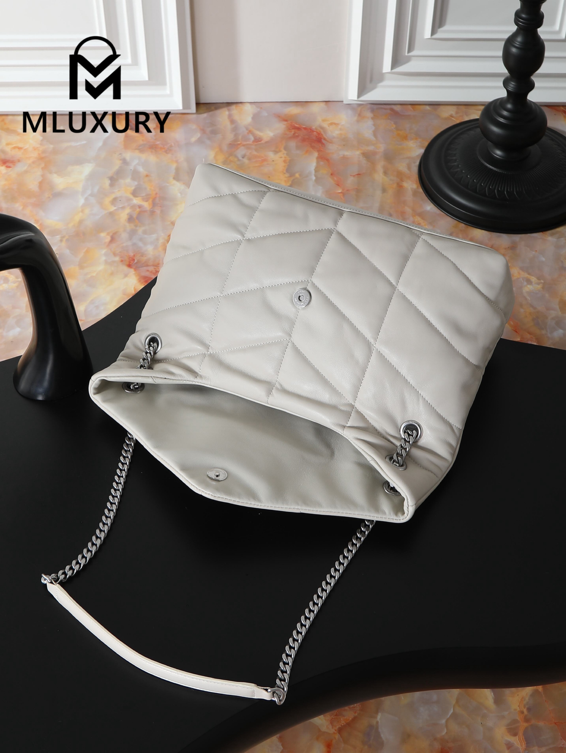 YSL Loulou Puffer_35cm, White Lambskin with Silver Buckle