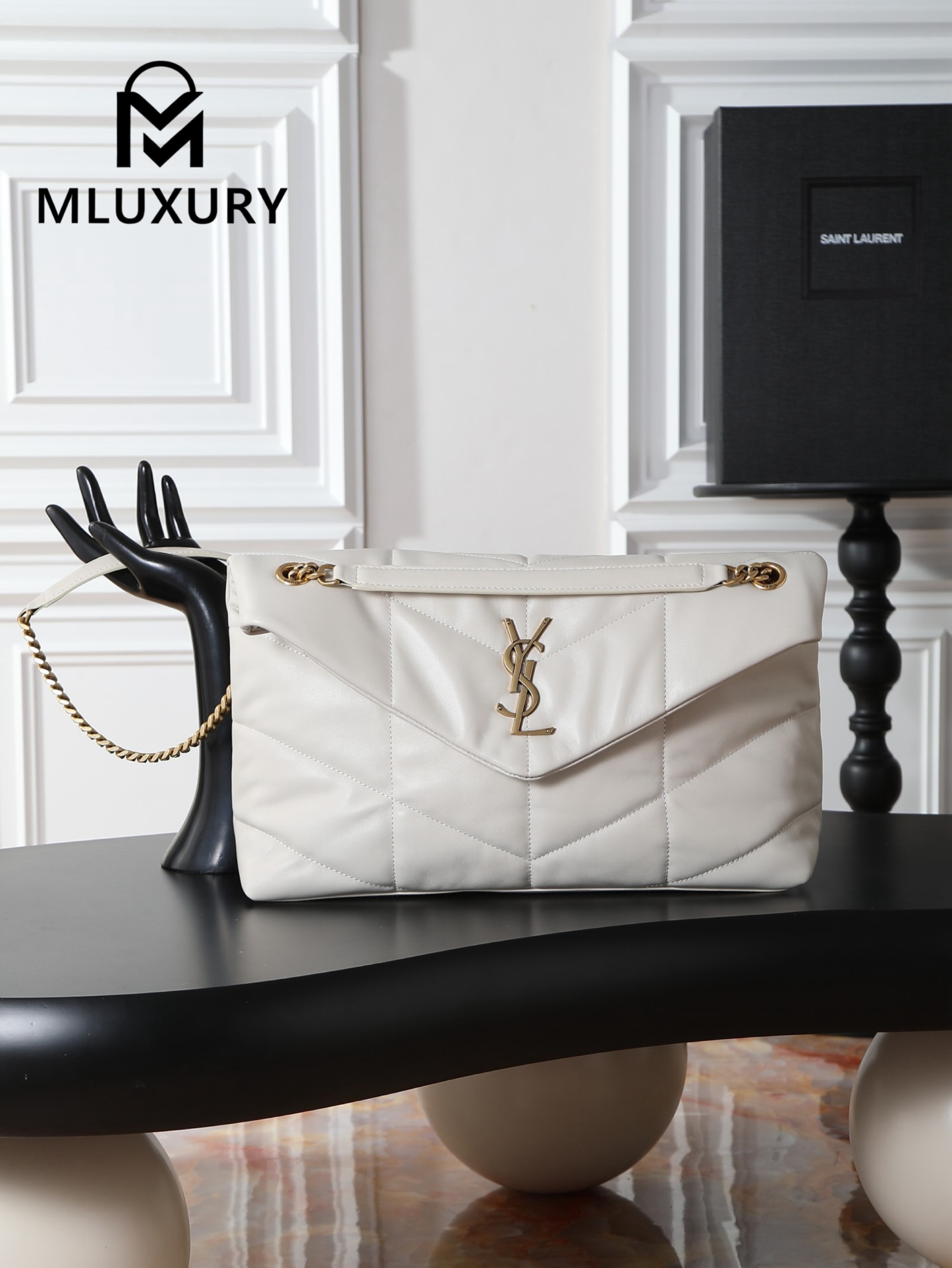 YSL Loulou Puffer_35cm, White Lambskin with Gold Buckle