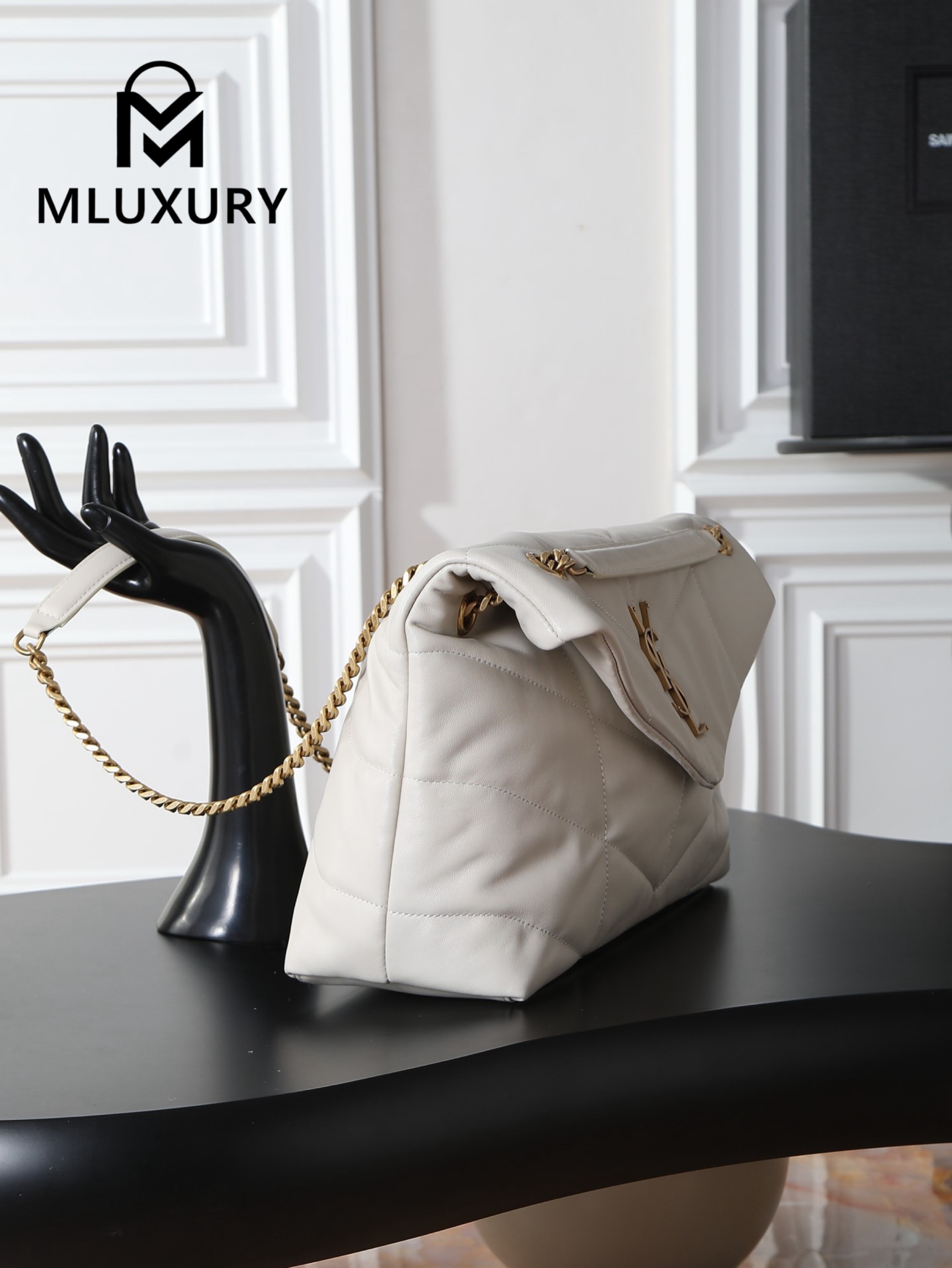 YSL Loulou Puffer_35cm, White Lambskin with Gold Buckle