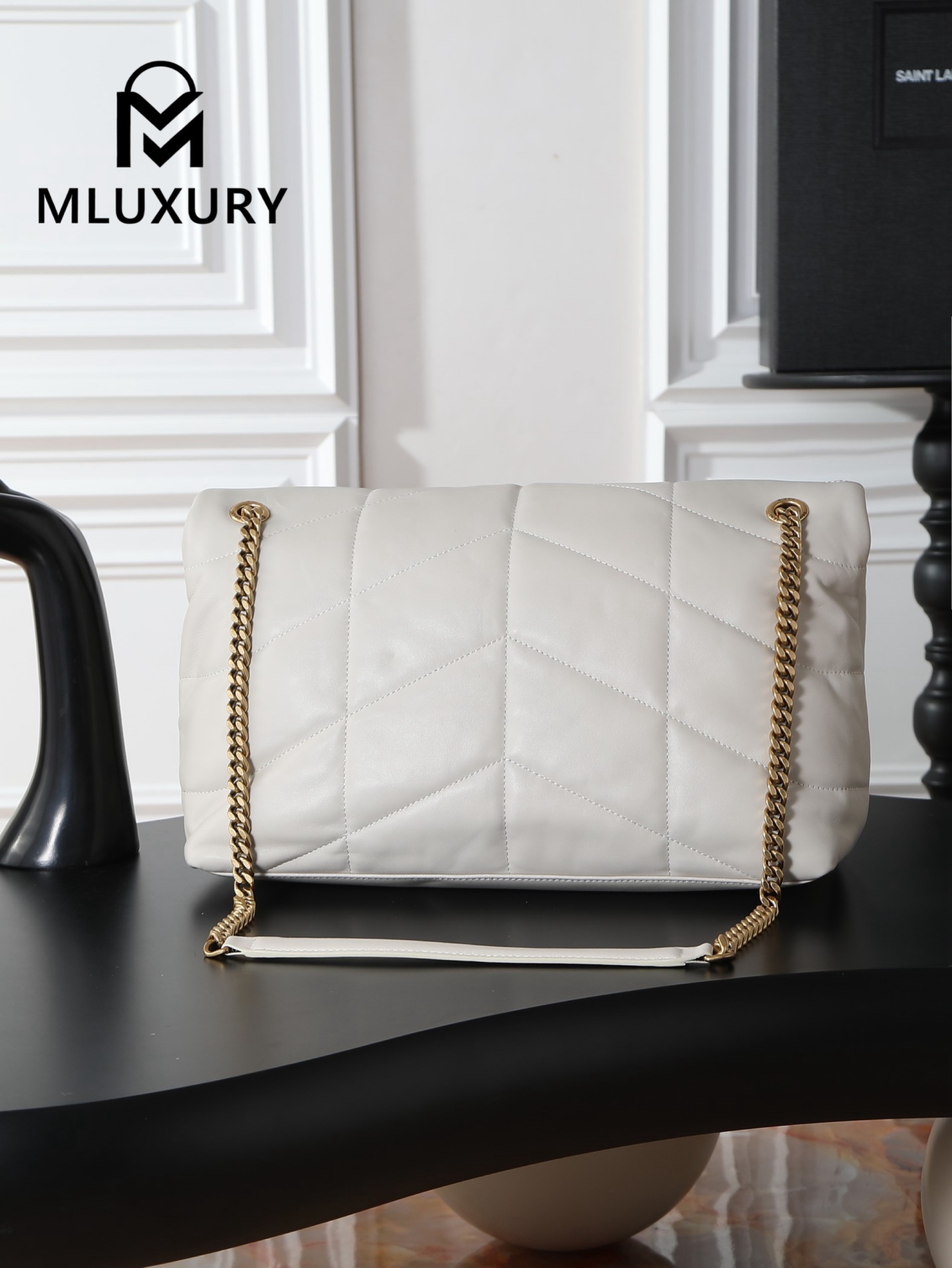 YSL Loulou Puffer_35cm, White Lambskin with Gold Buckle