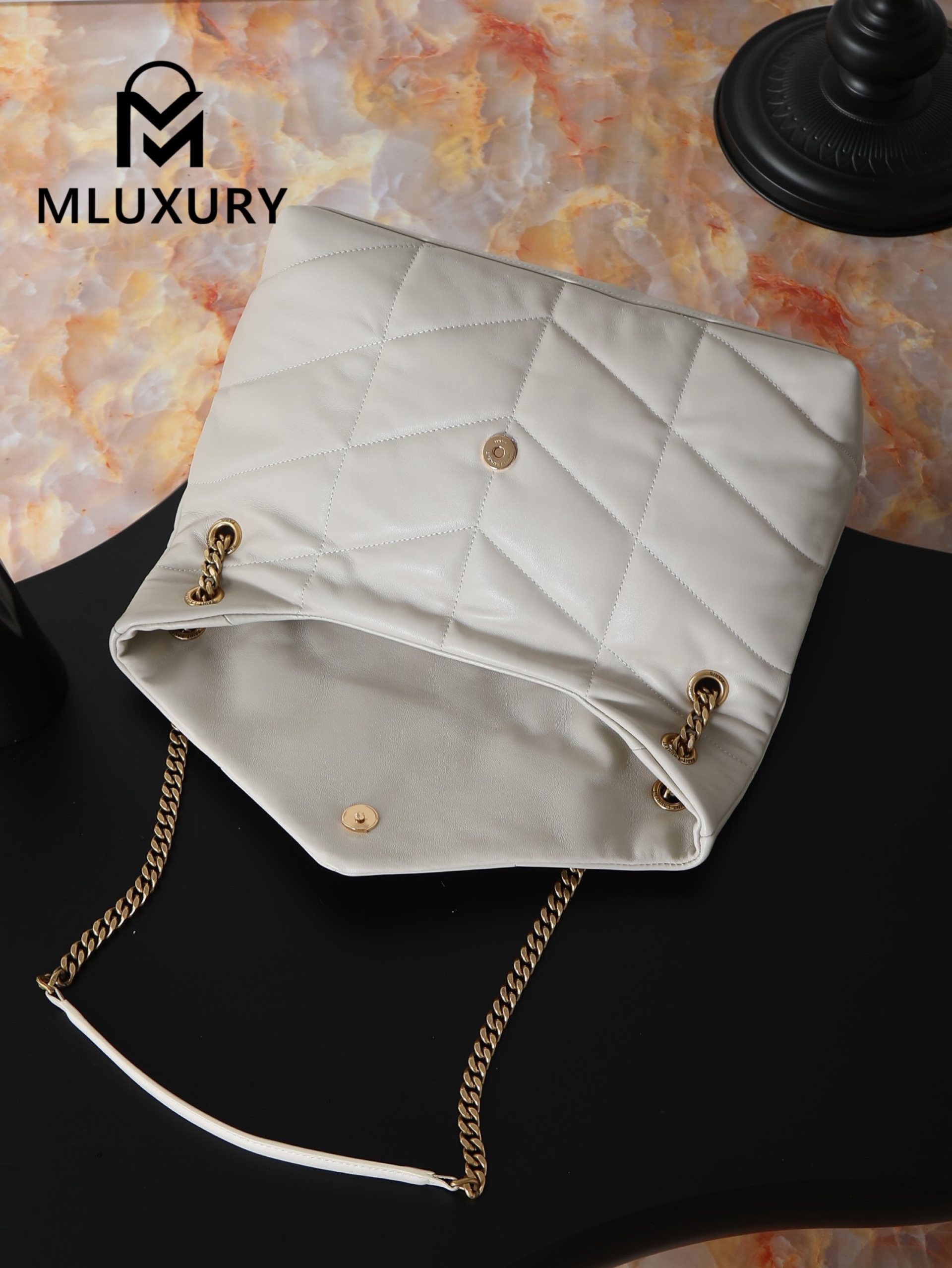 YSL Loulou Puffer_35cm, White Lambskin with Gold Buckle