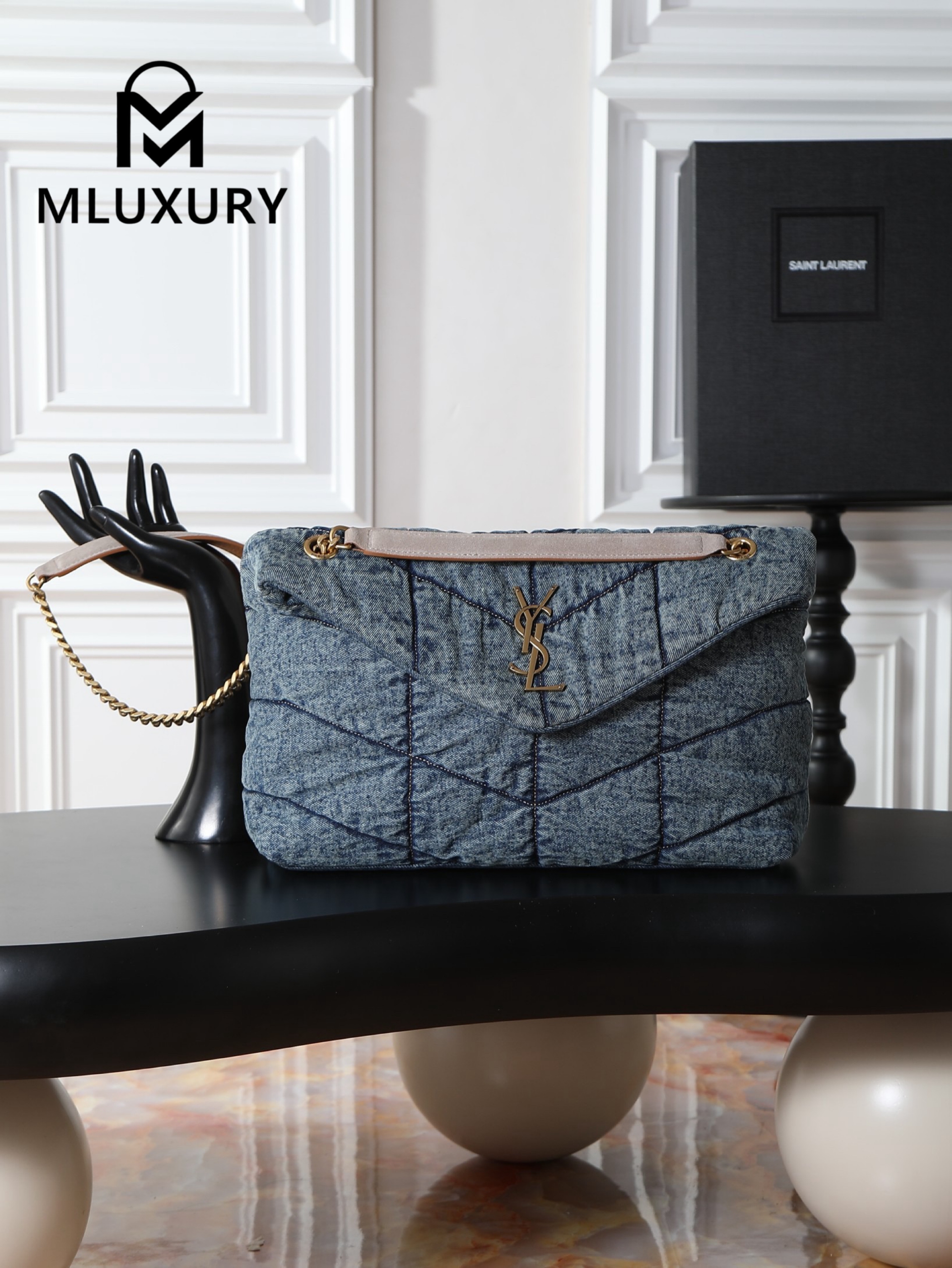 YSL Loulou Puffer_35cm, Blue Denim with Gold Buckle, Lambskin