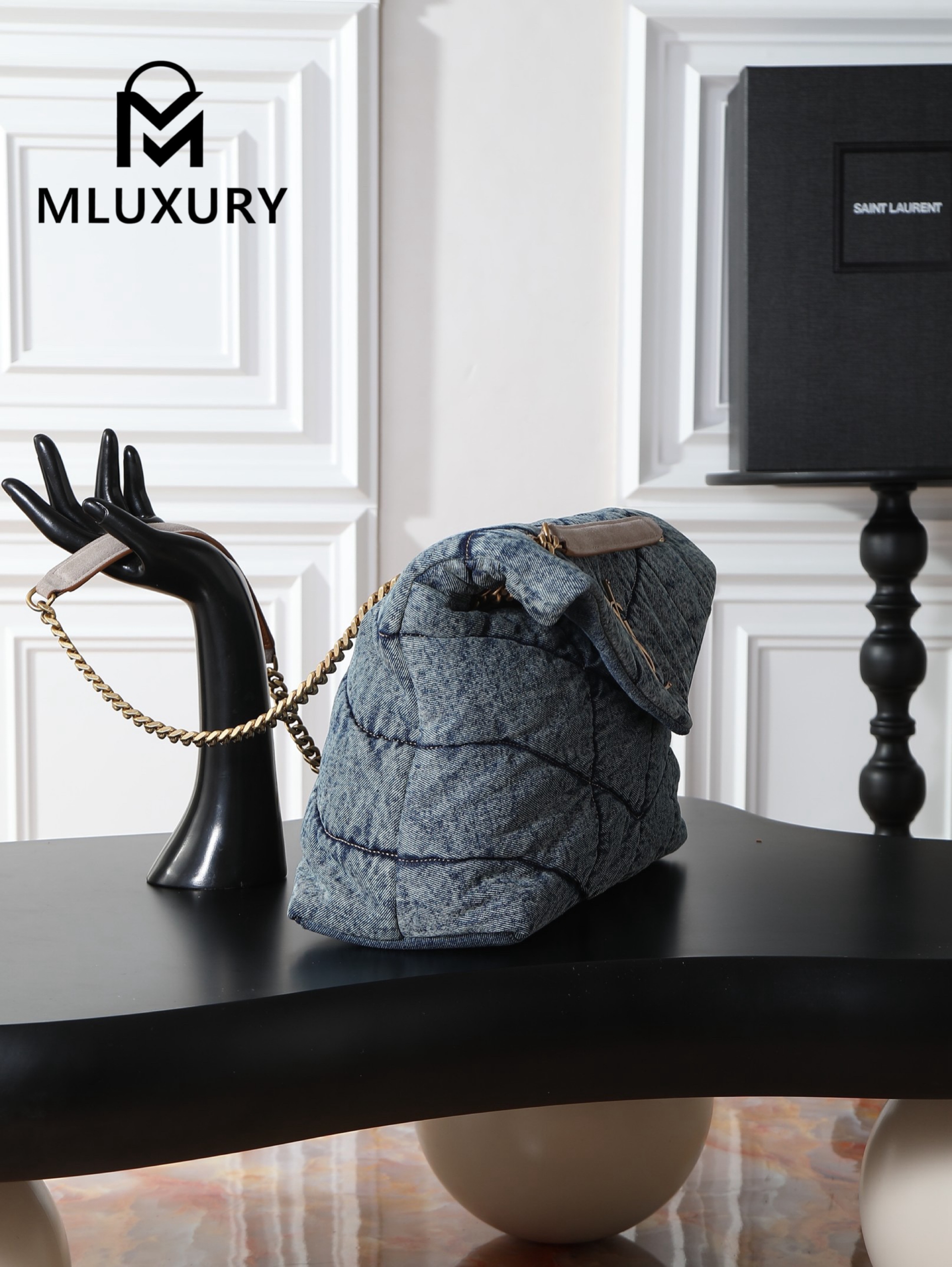 YSL Loulou Puffer_35cm, Blue Denim with Gold Buckle, Lambskin