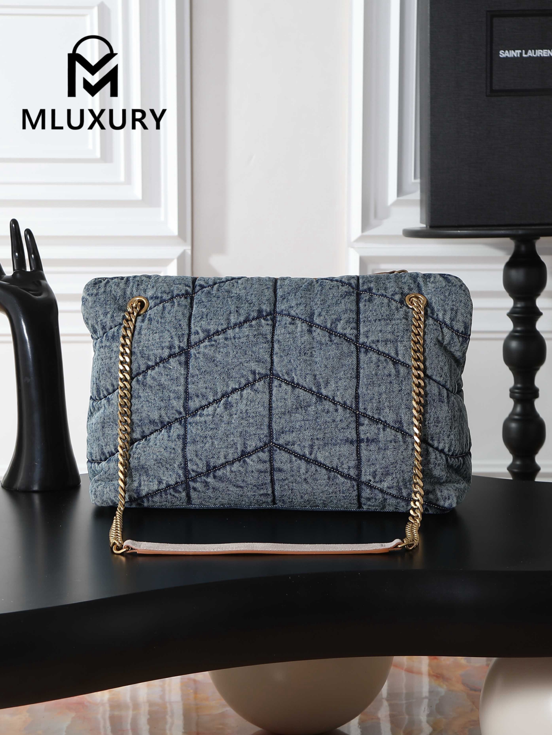 YSL Loulou Puffer_35cm, Blue Denim with Gold Buckle, Lambskin