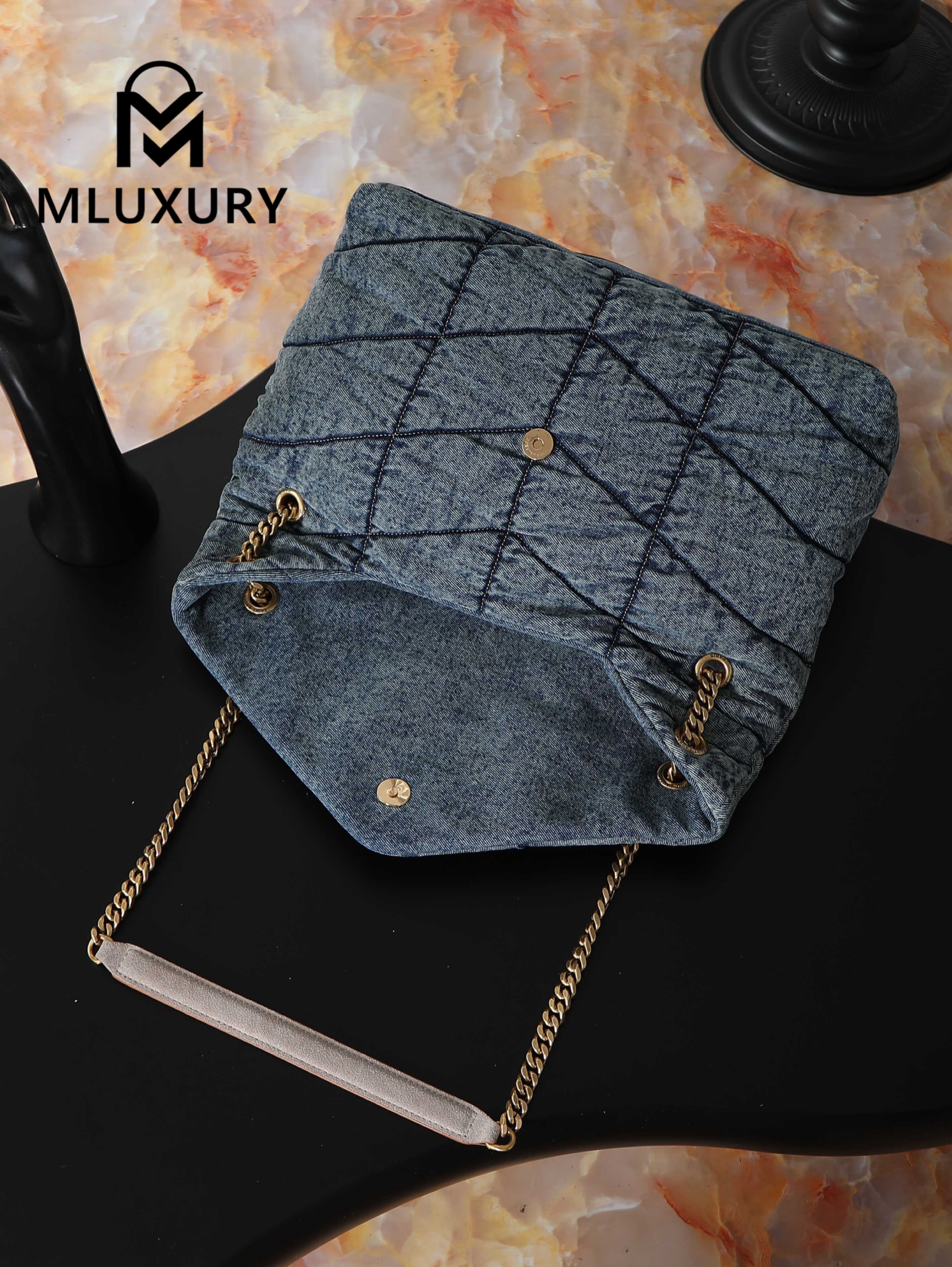 YSL Loulou Puffer_35cm, Blue Denim with Gold Buckle, Lambskin