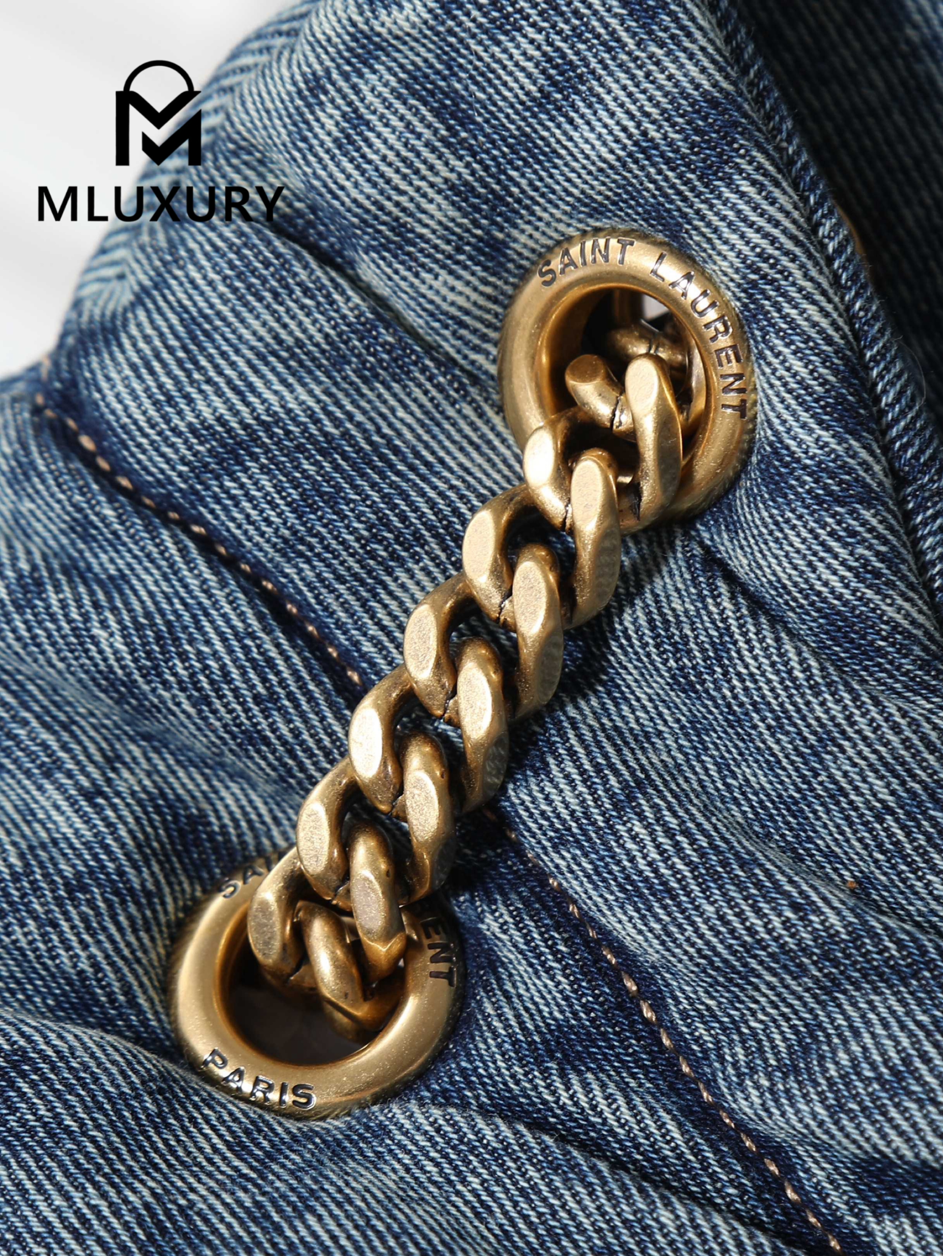 YSL Loulou Puffer_35cm, Blue Denim with Gold Buckle, Lambskin