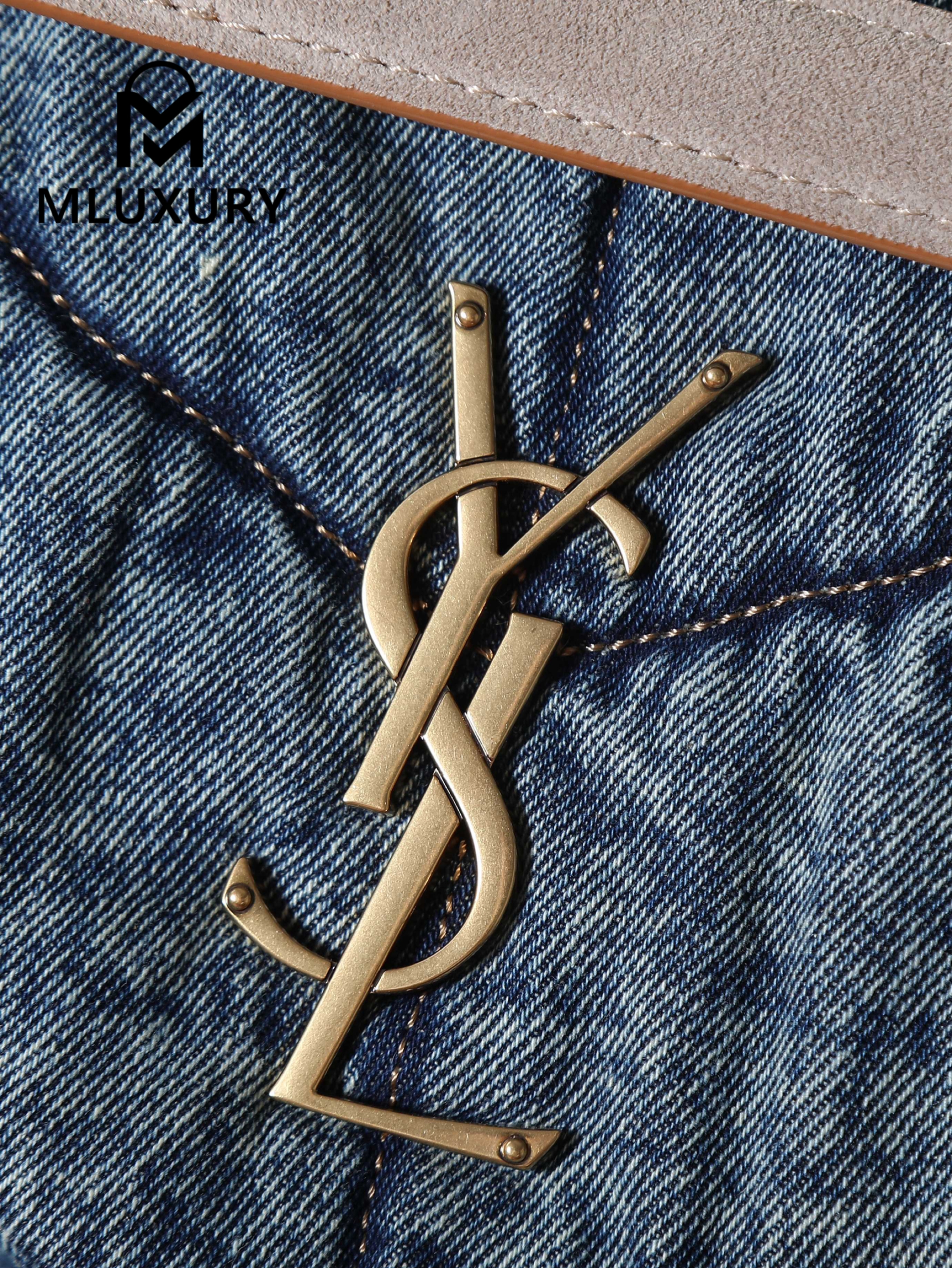YSL Loulou Puffer_35cm, Blue Denim with Gold Buckle, Lambskin