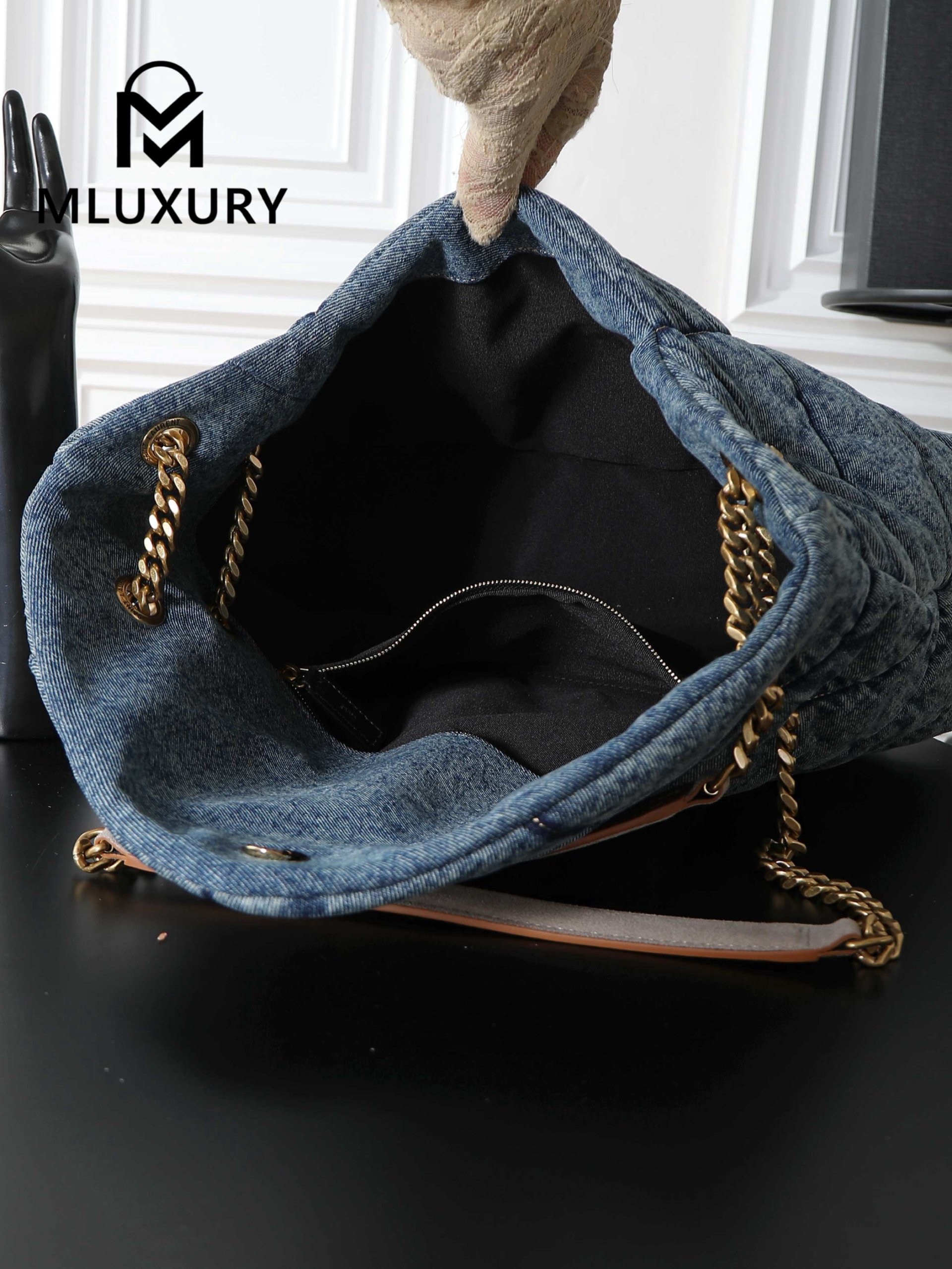 YSL Loulou Puffer_35cm, Blue Denim with Gold Buckle, Lambskin