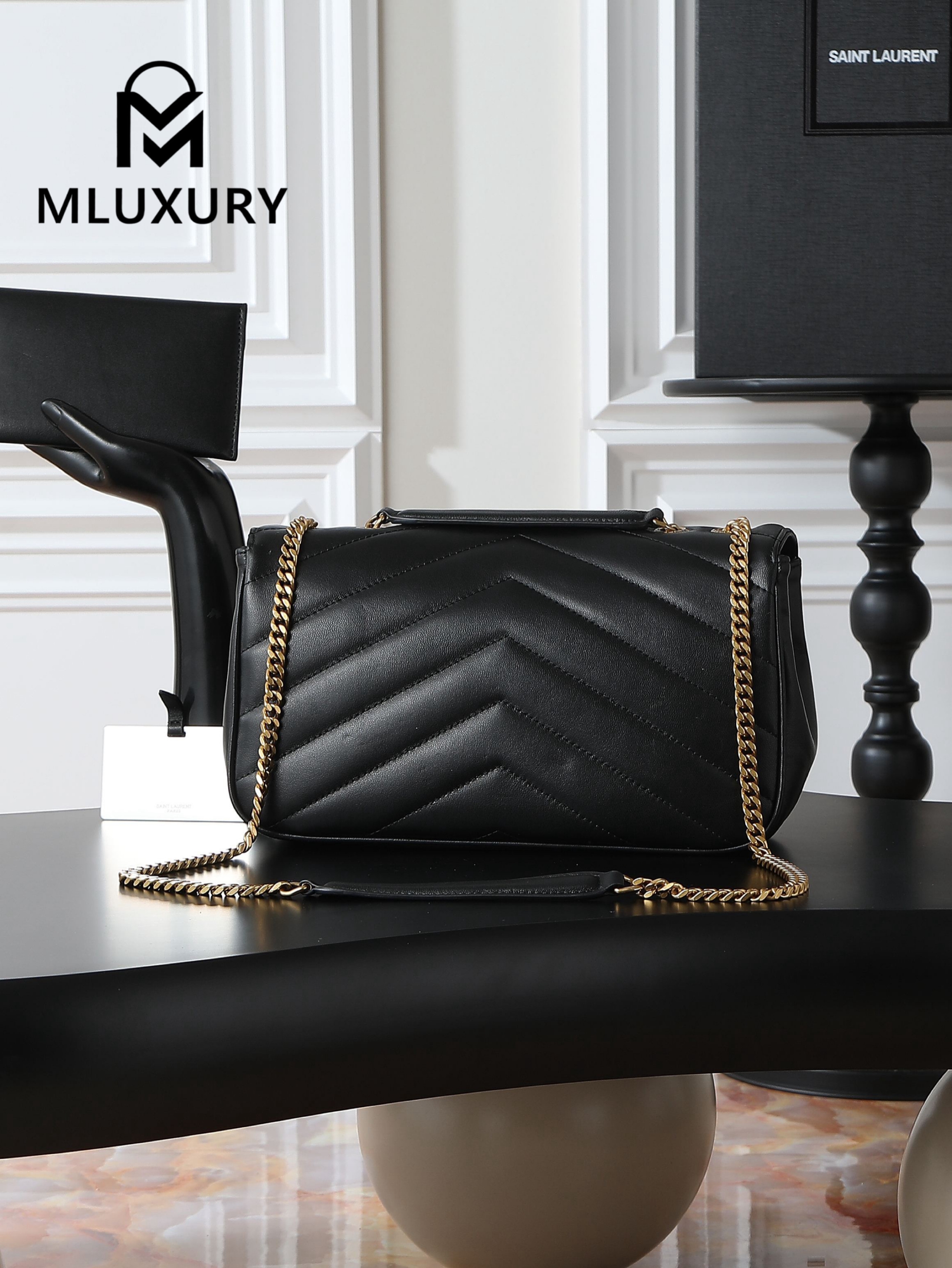 YSL Loulou_29cm, Black Lambskin with Gold Hardware