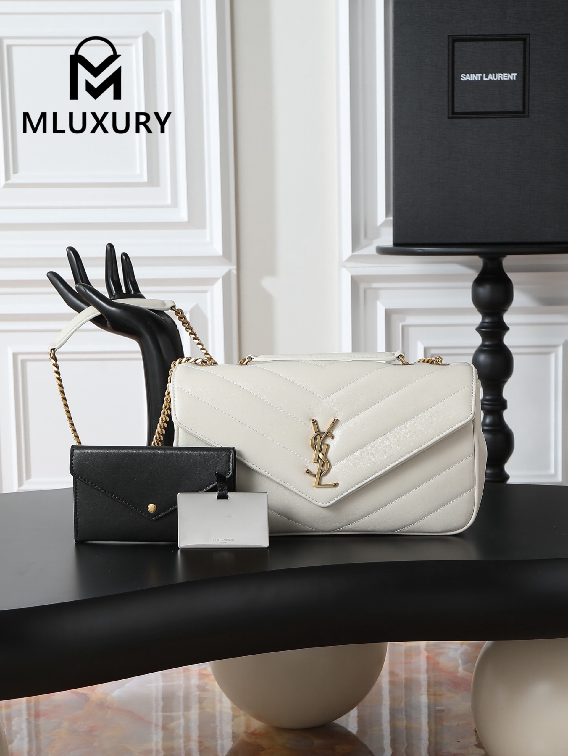 YSL Loulou_29cm, White Lambskin with Gold Hardware