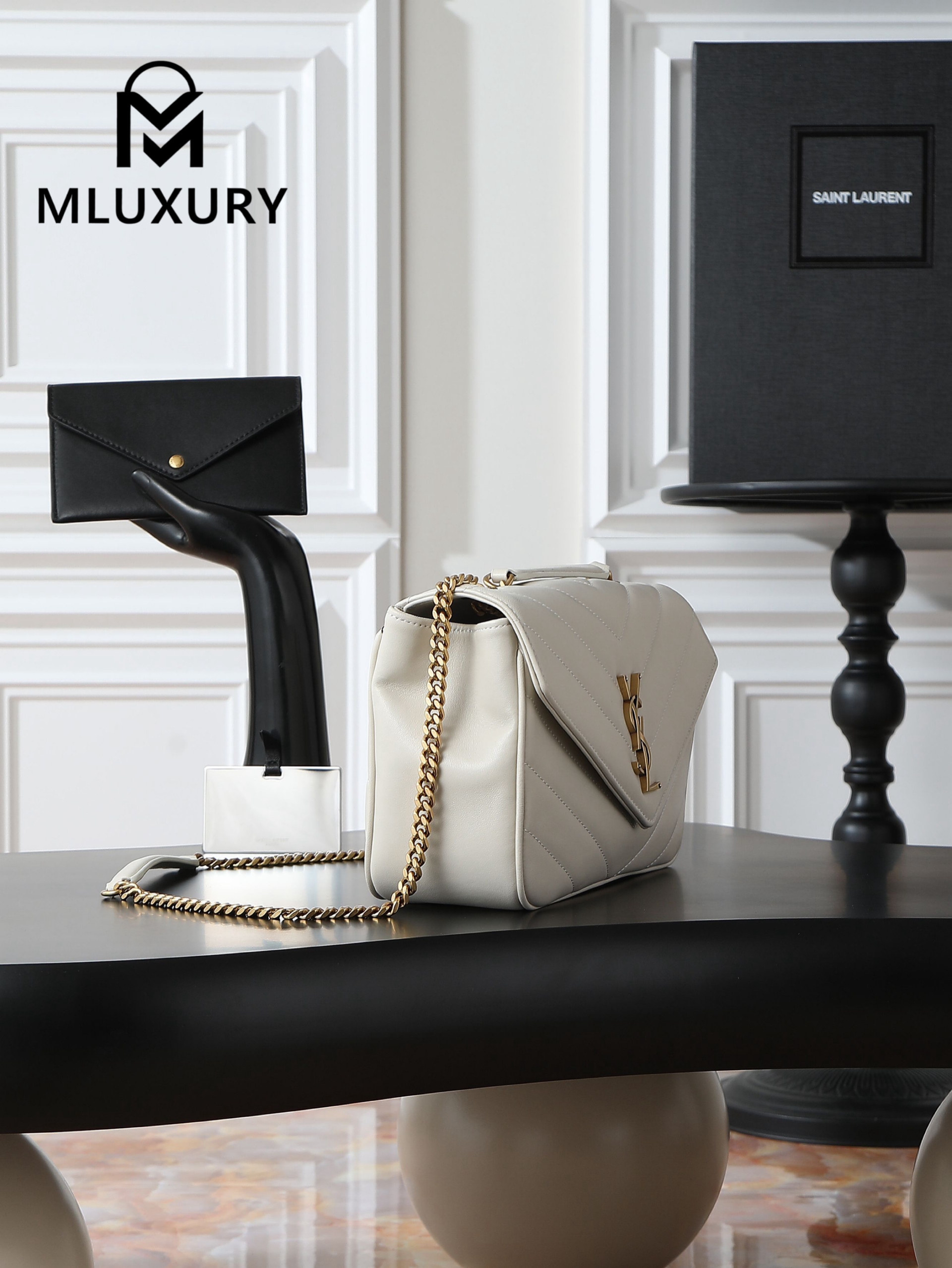 YSL Loulou_29cm, White Lambskin with Gold Hardware