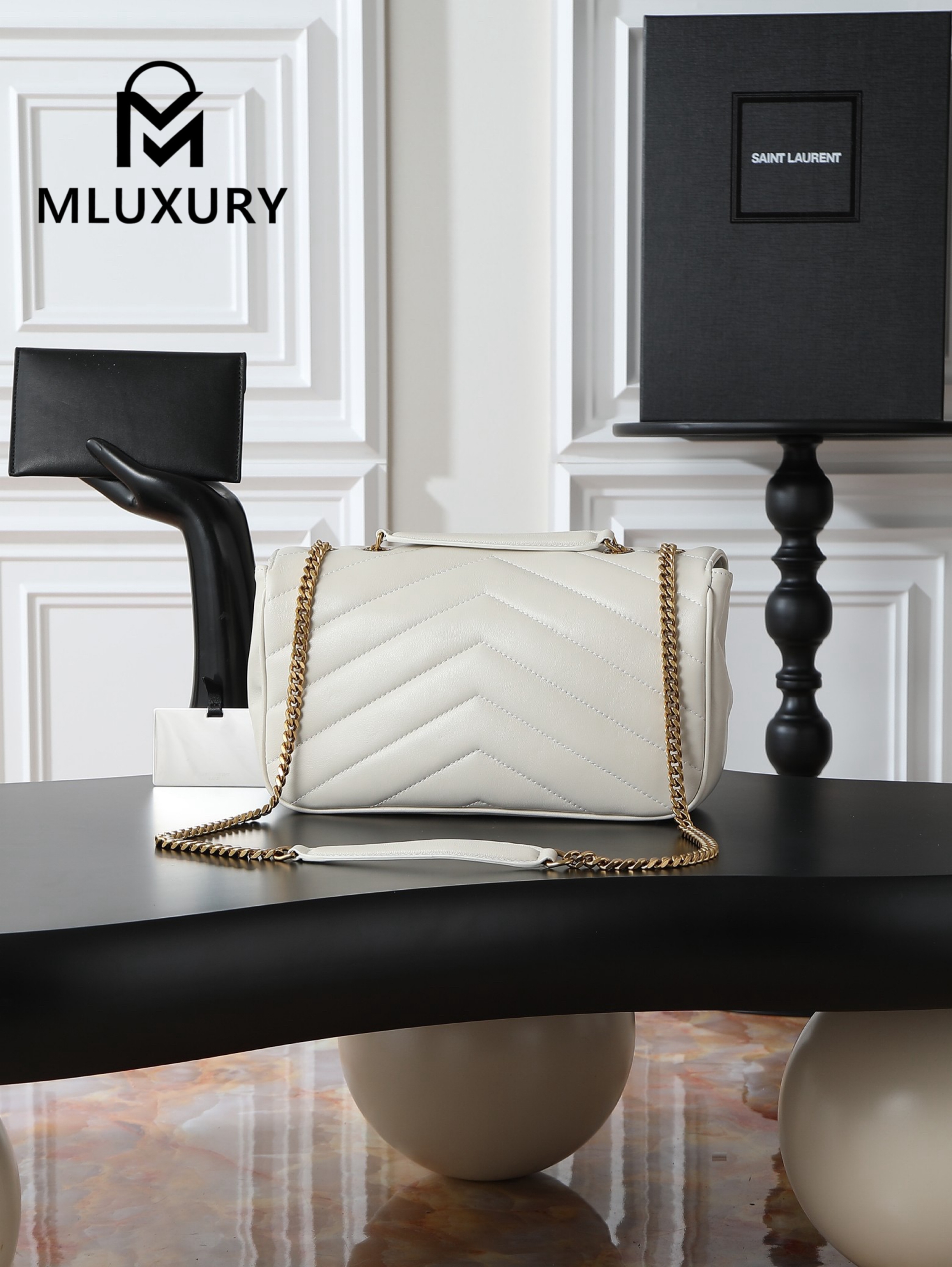 YSL Loulou_29cm, White Lambskin with Gold Hardware