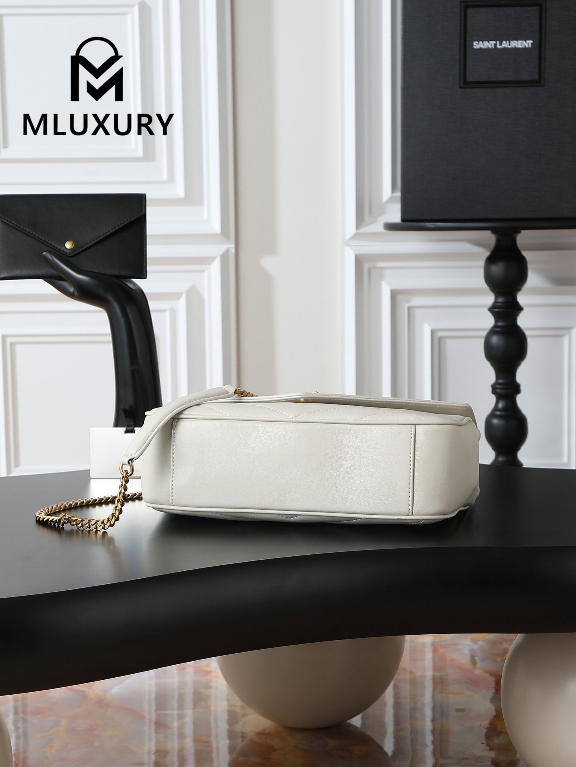 YSL Loulou_29cm, White Lambskin with Gold Hardware