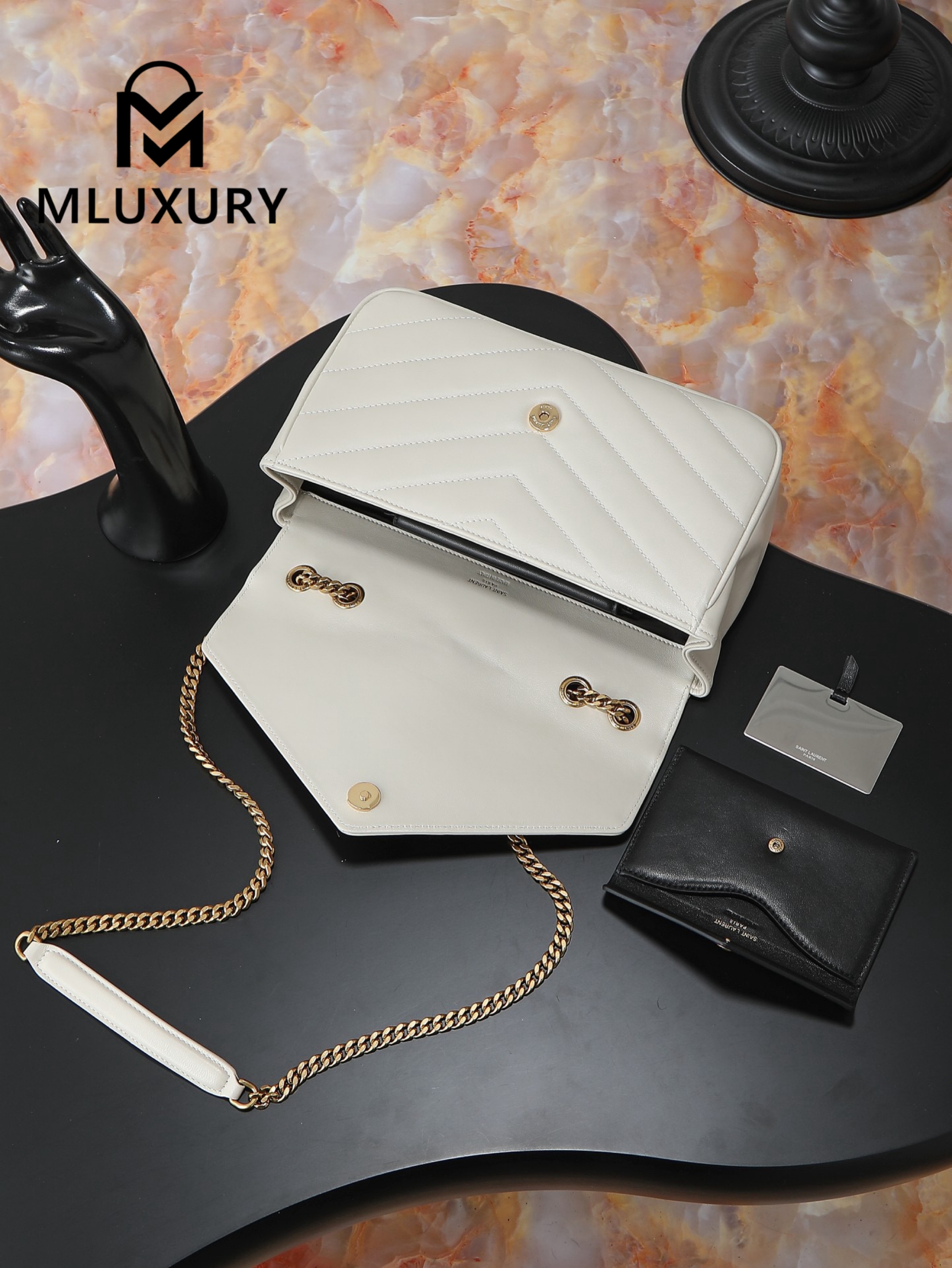YSL Loulou_29cm, White Lambskin with Gold Hardware