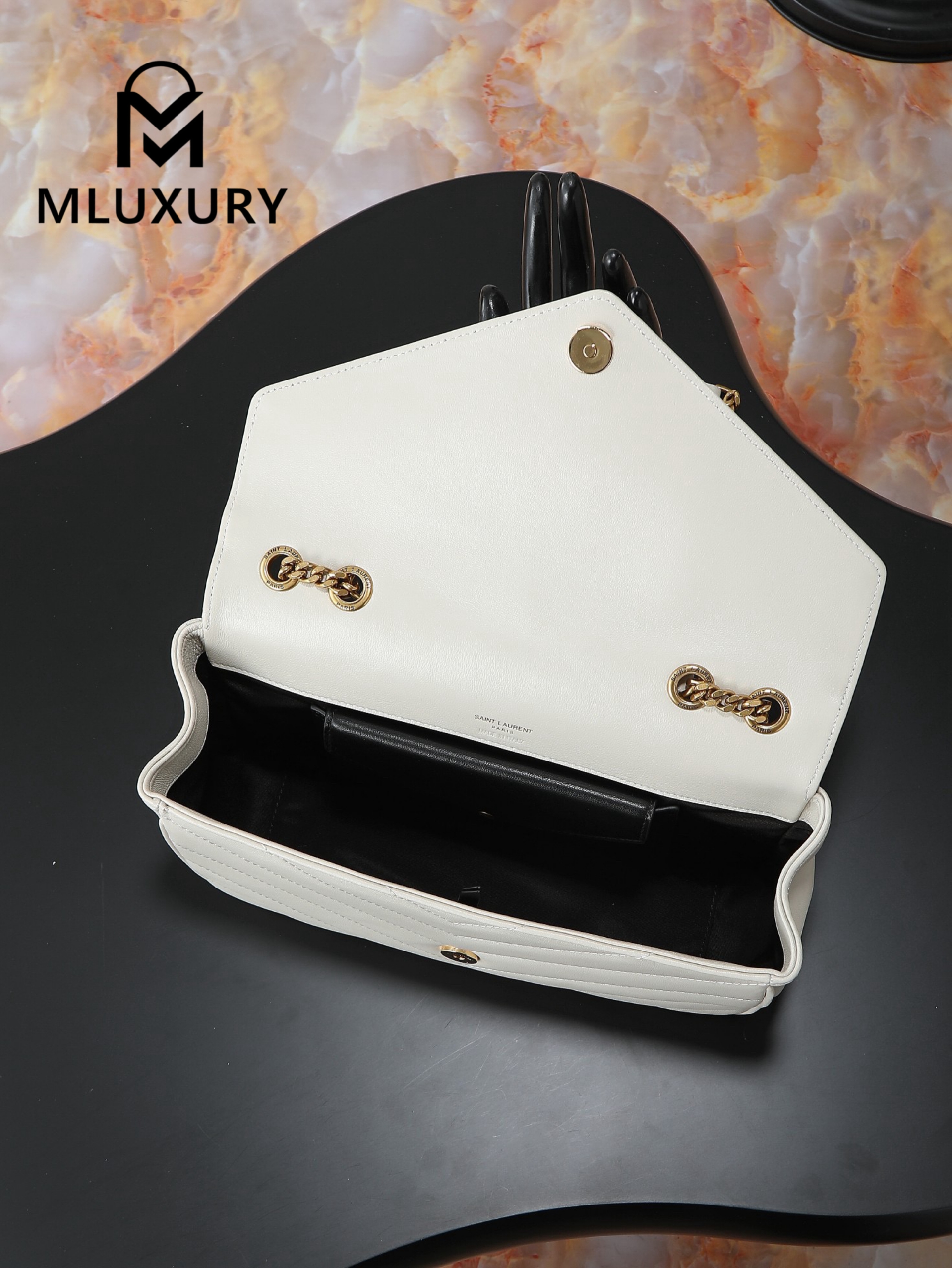 YSL Loulou_29cm, White Lambskin with Gold Hardware