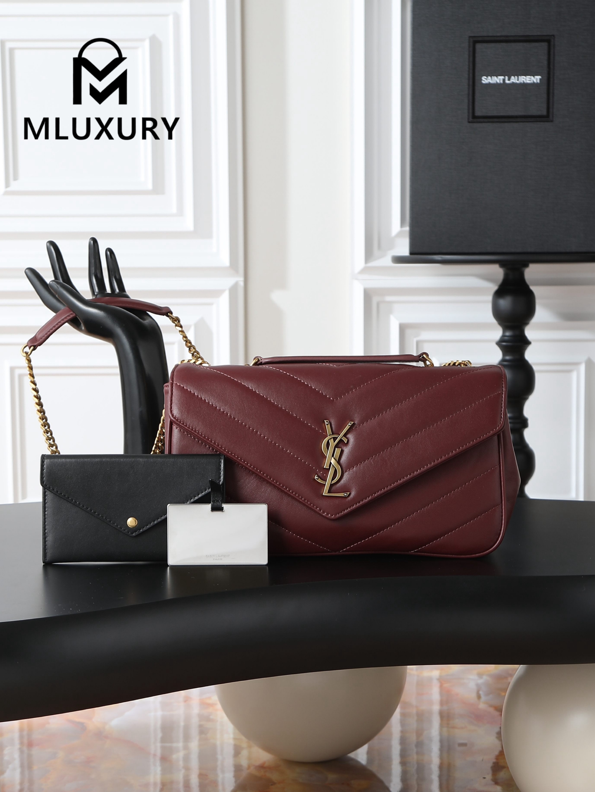 YSL Loulou_29cm, Burgundy Lambskin with Gold Hardware