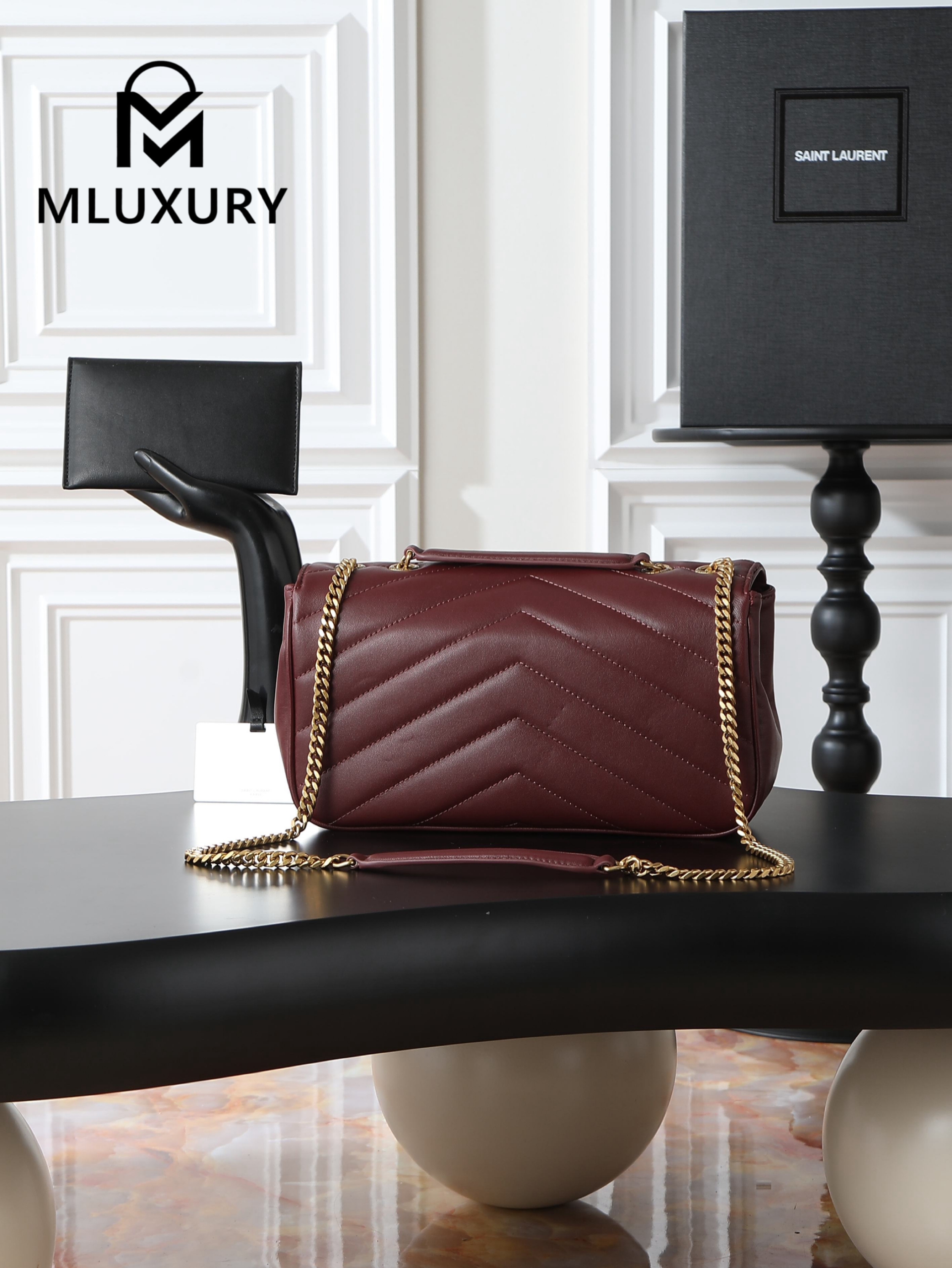 YSL Loulou_29cm, Burgundy Lambskin with Gold Hardware