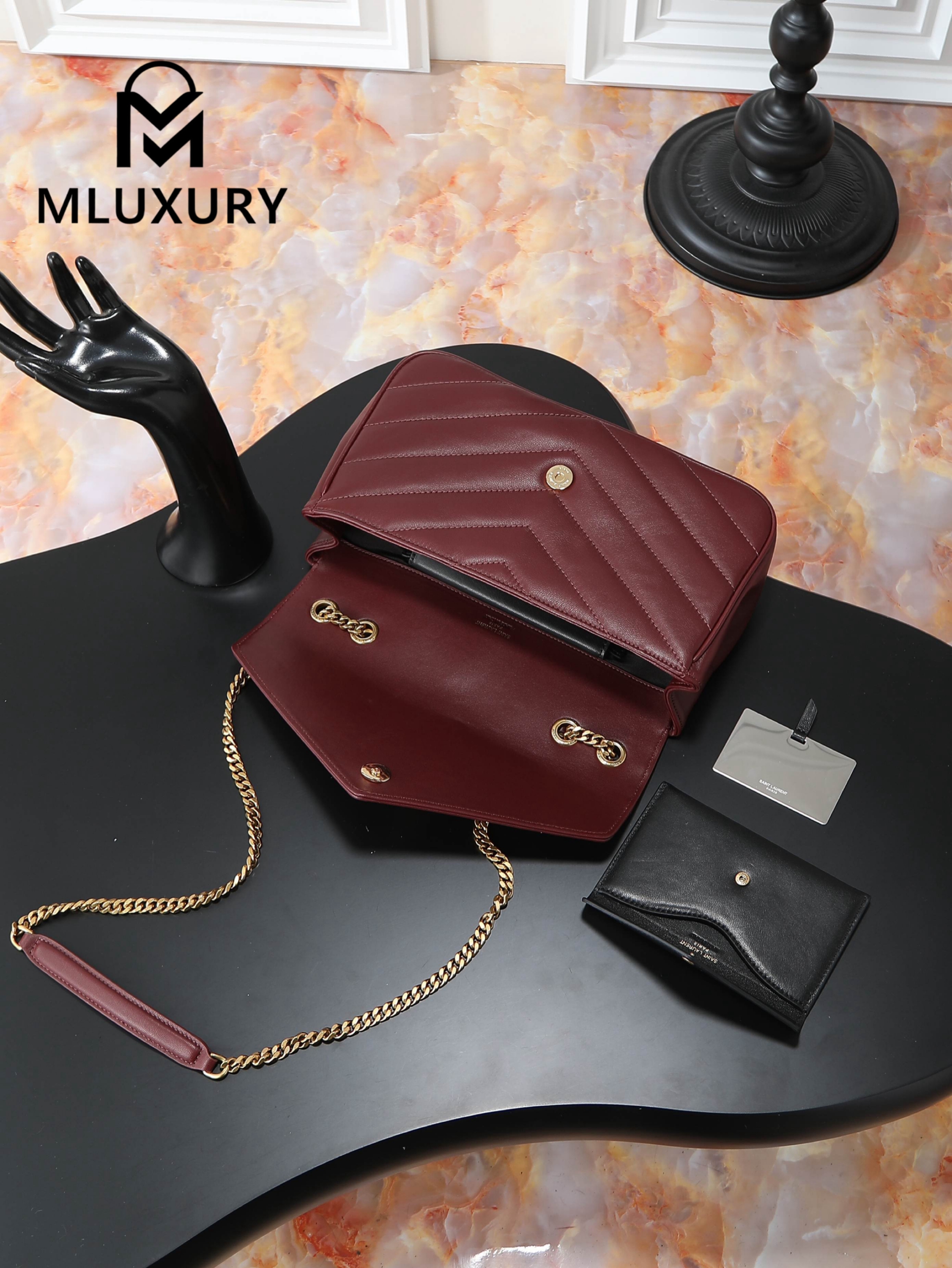 YSL Loulou_29cm, Burgundy Lambskin with Gold Hardware