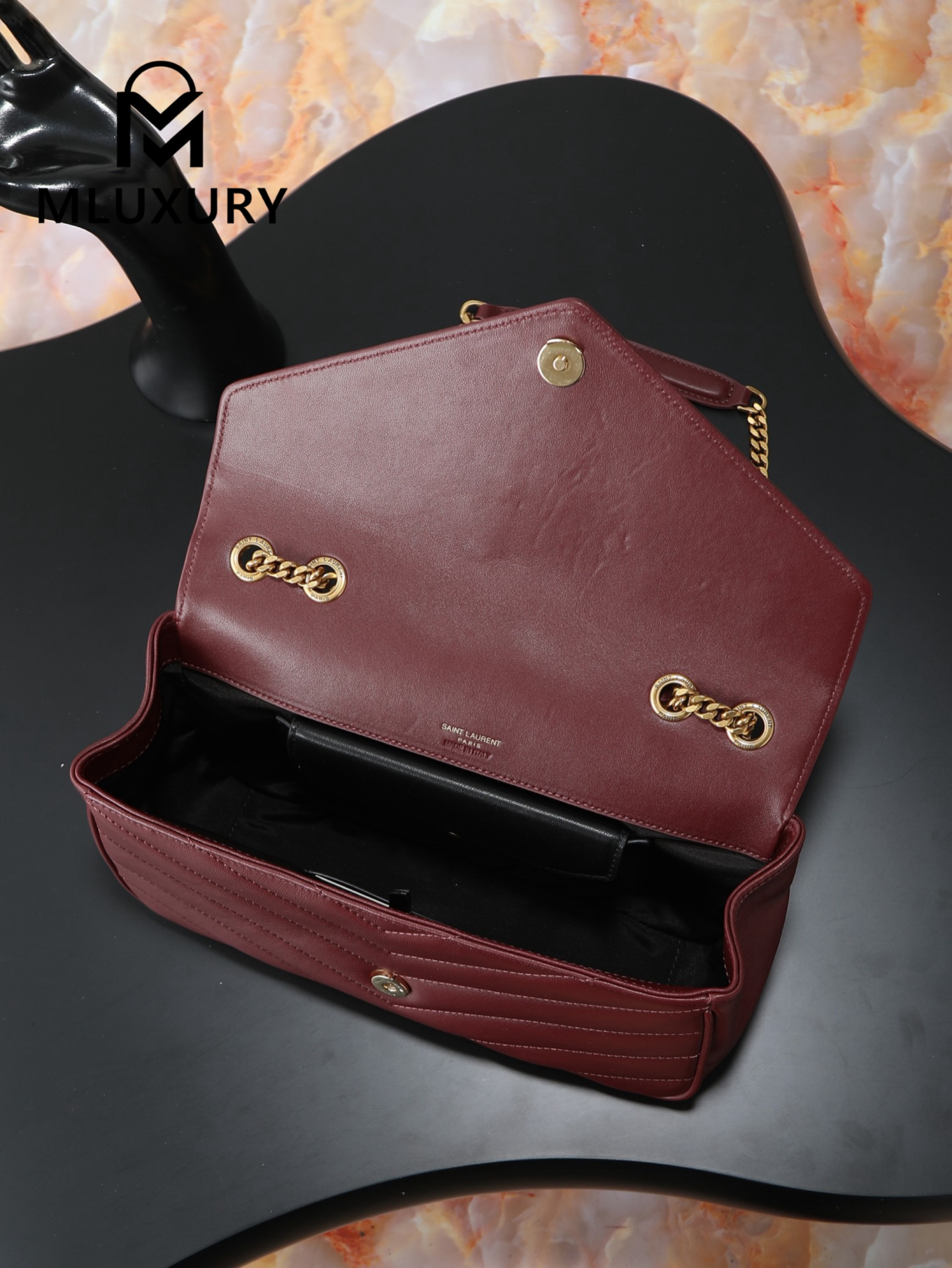 YSL Loulou_29cm, Burgundy Lambskin with Gold Hardware
