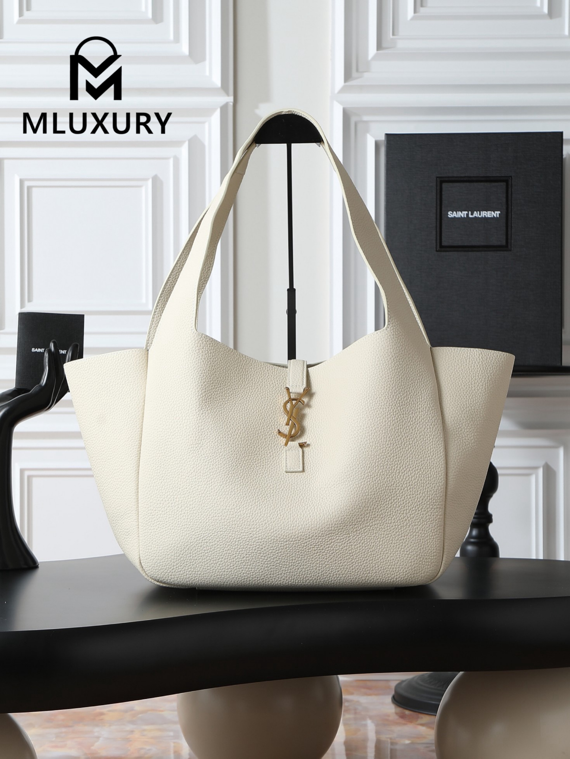 YSL Bea New Hobo Bag, White with Gold Hardware