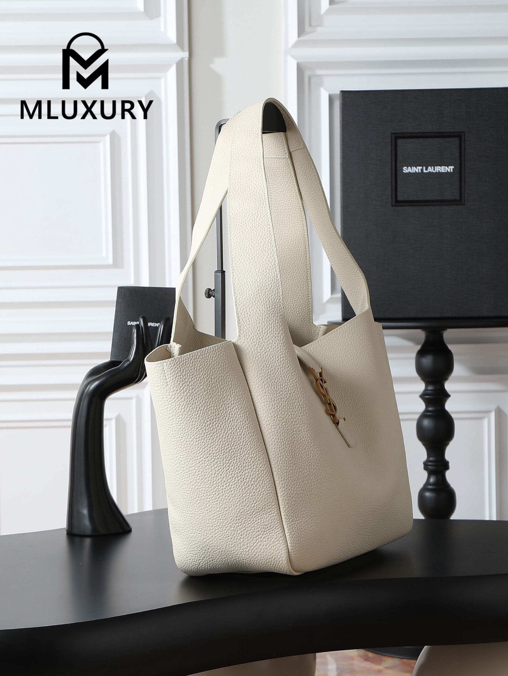 YSL Bea New Hobo Bag, White with Gold Hardware